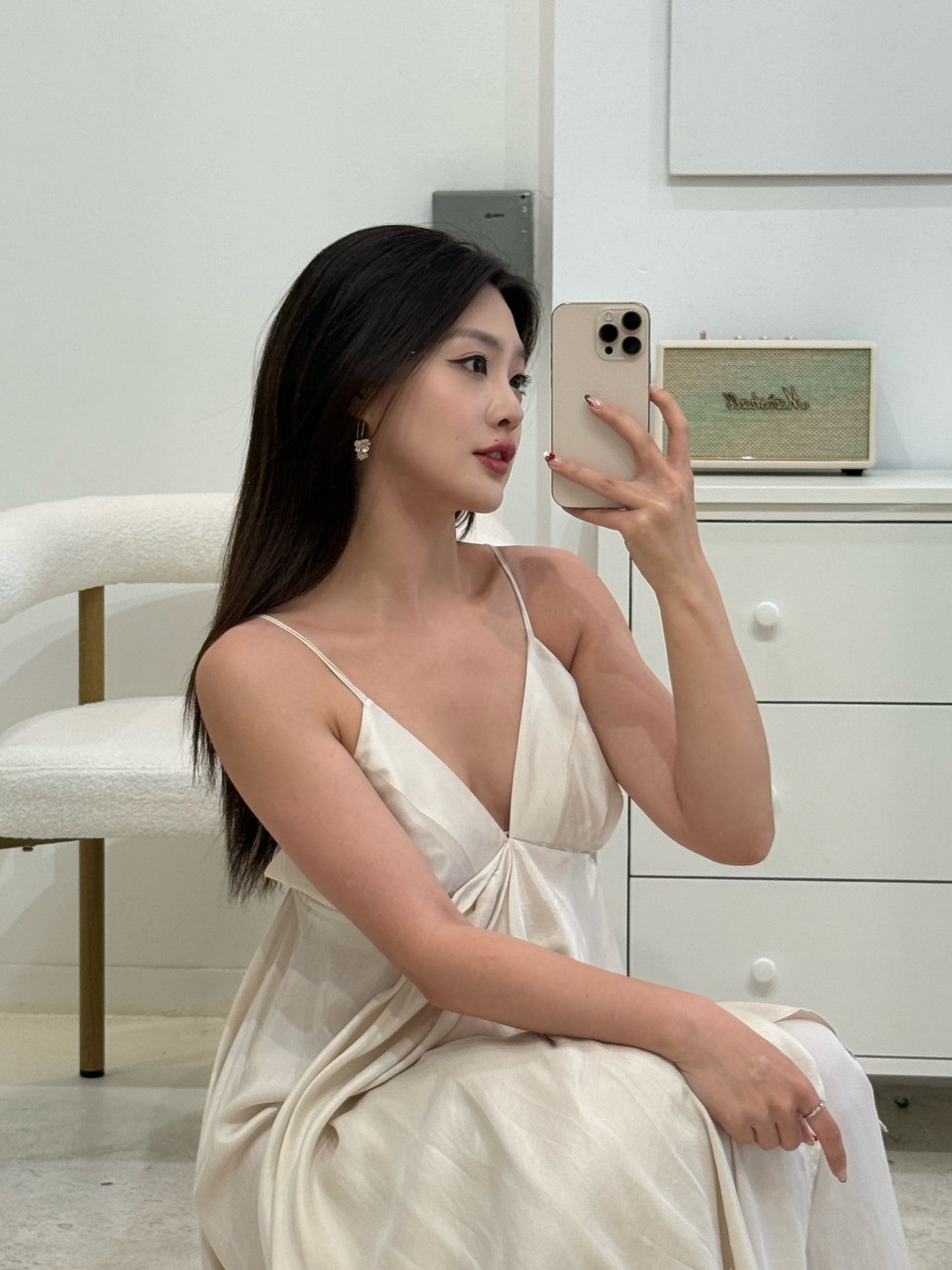 Elywood CREAM DRAPED DOUBLE-LAYER STRAP DRESS