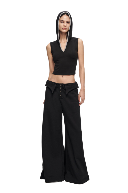 YJ1 DOUBLE-LAYER COLLAR WIDE-LEG PANTS IN BLACK