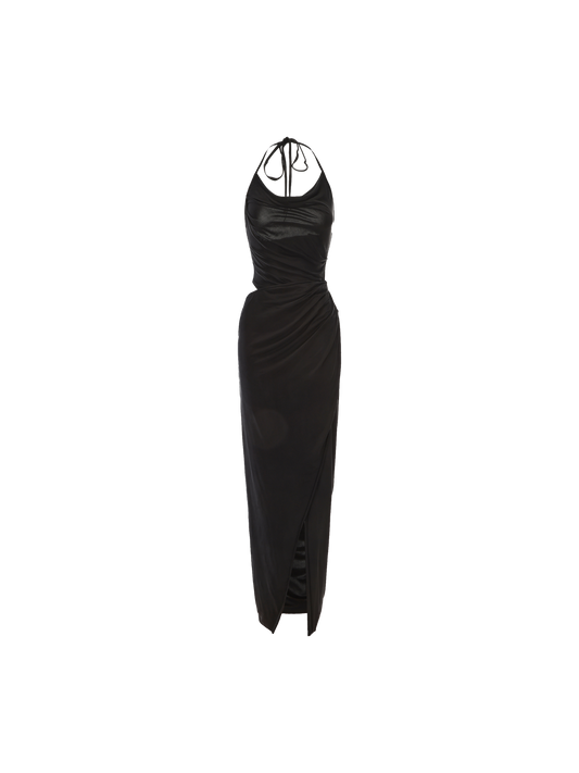 ELYWOOD BLACK CUPRO HALTER KNIT SLIT DRESS