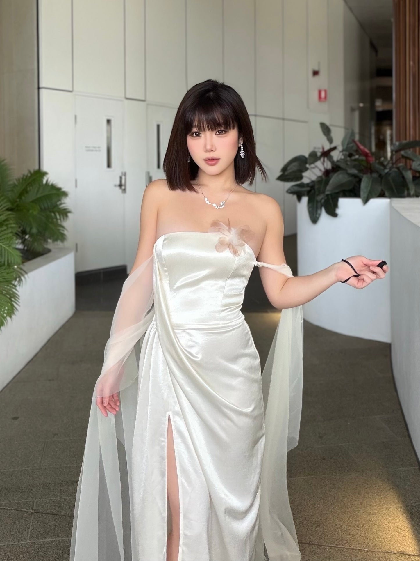 Crow Crew Satin Strapless Ribbon Maxi Dress