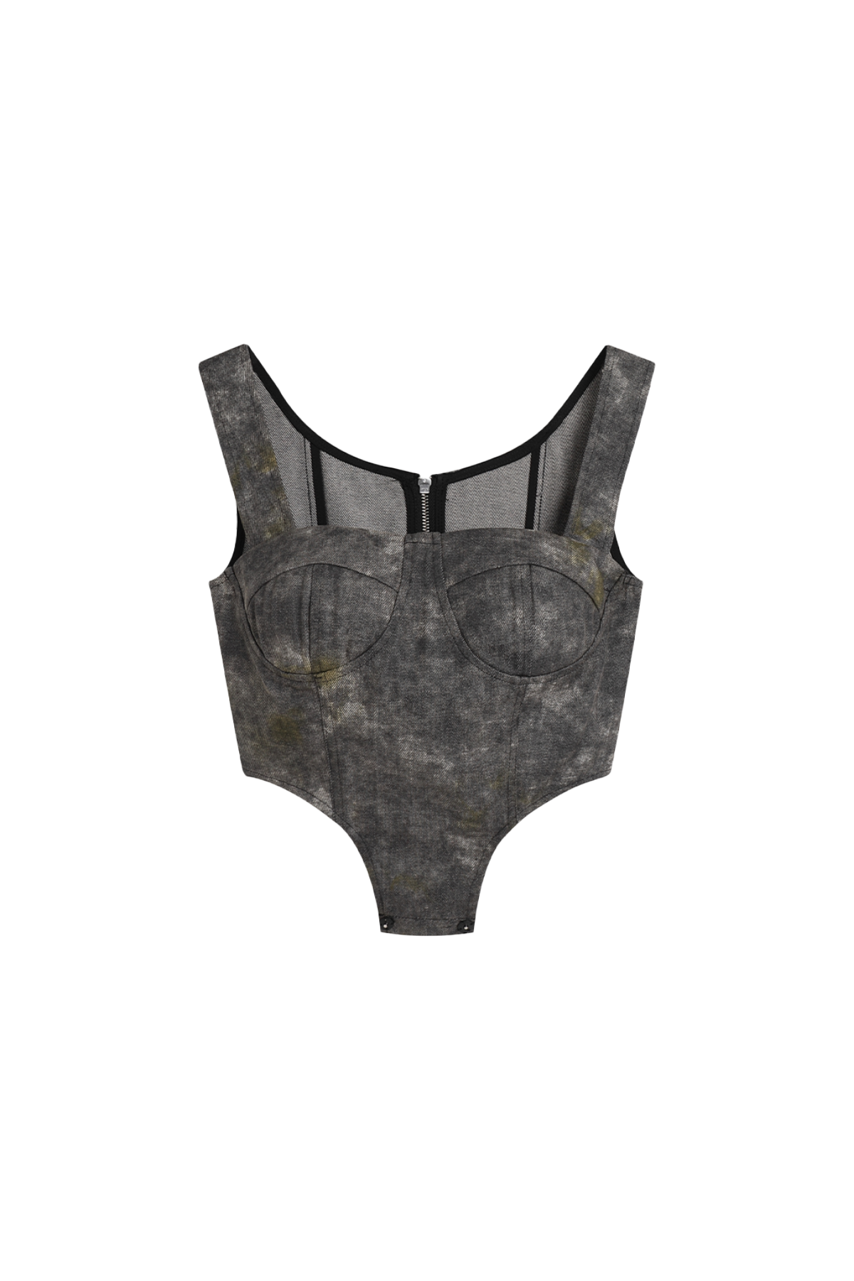 YJ1 DENIM ACID-WASH BUSTIER TOP IN GRAY