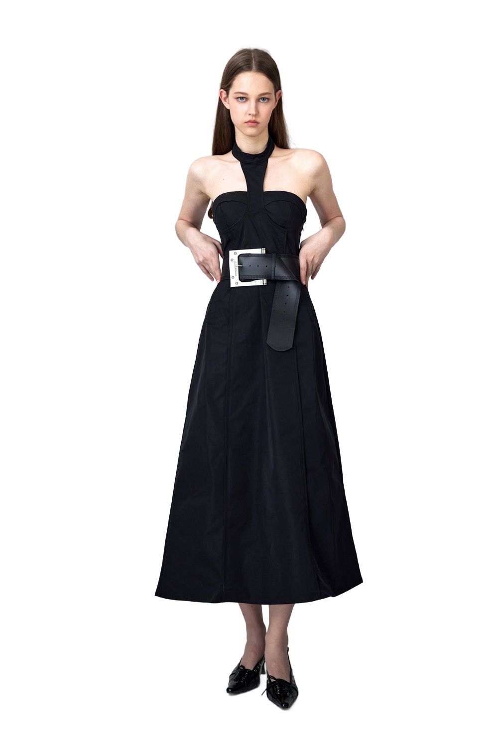 YJ1 NYLON HALTER MIDI DRESS