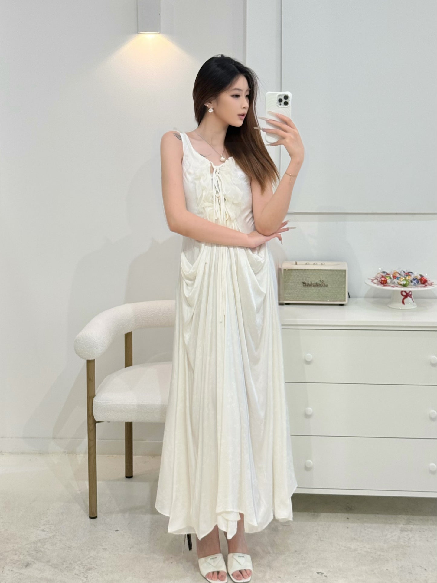ELYWOOD WHITE DRAPED TIE-FRONT DRESS