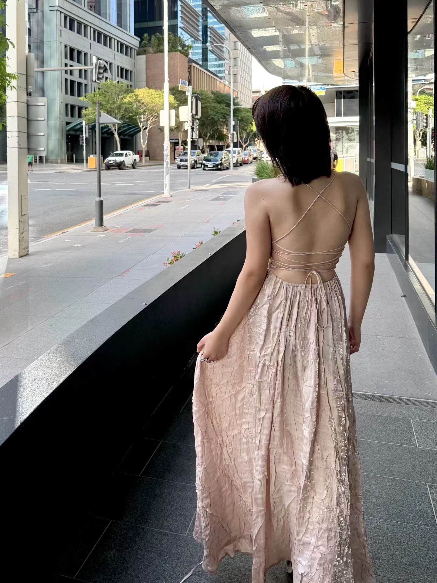 Crow Crew champagne gold wrinkle dress