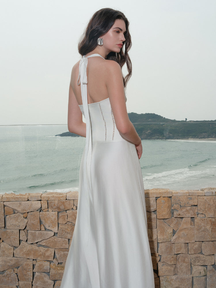Sheer Luck French V-Neck Halter Midi Dress