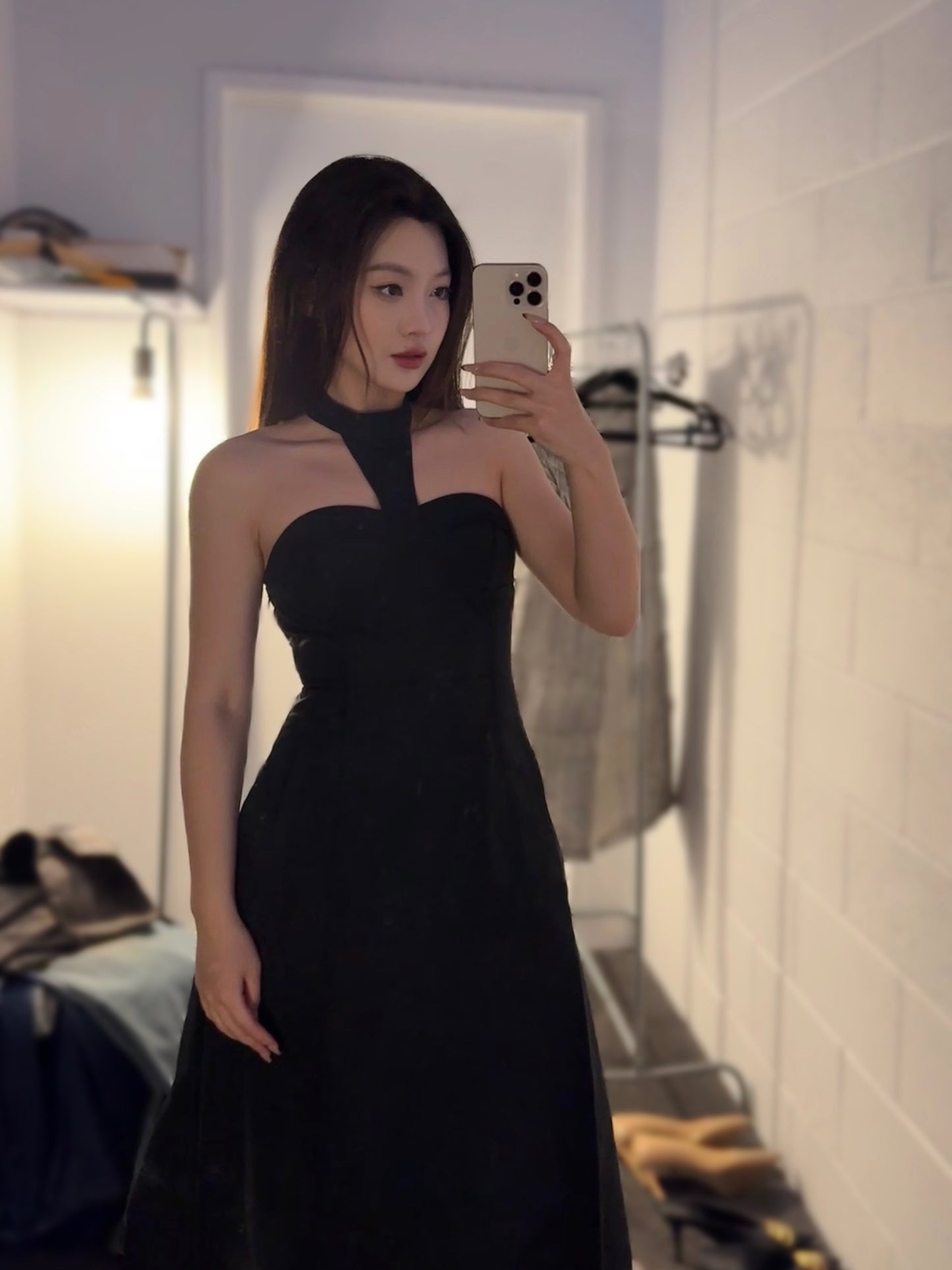 YJ1 NYLON HALTER MIDI DRESS