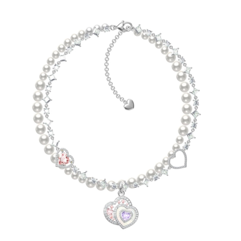 Poem double layer pink heart necklace