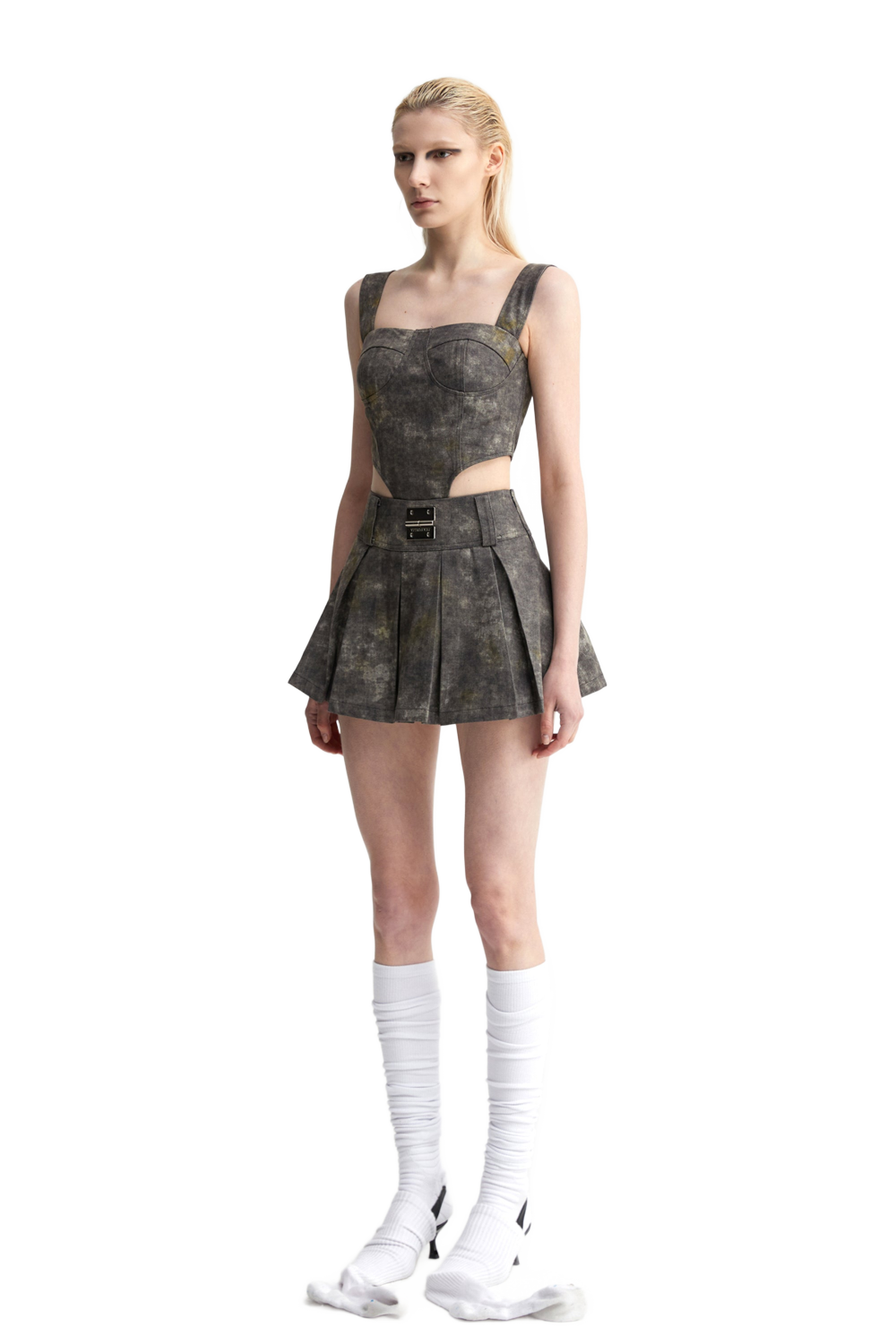 YJ1 DENIM ACID-WASH BUSTIER TOP IN GRAY