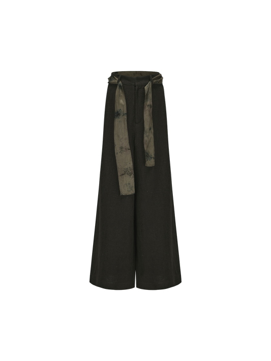 ELYWOOD OLIVE LINEN BELTED WIDE-LEG PANTS