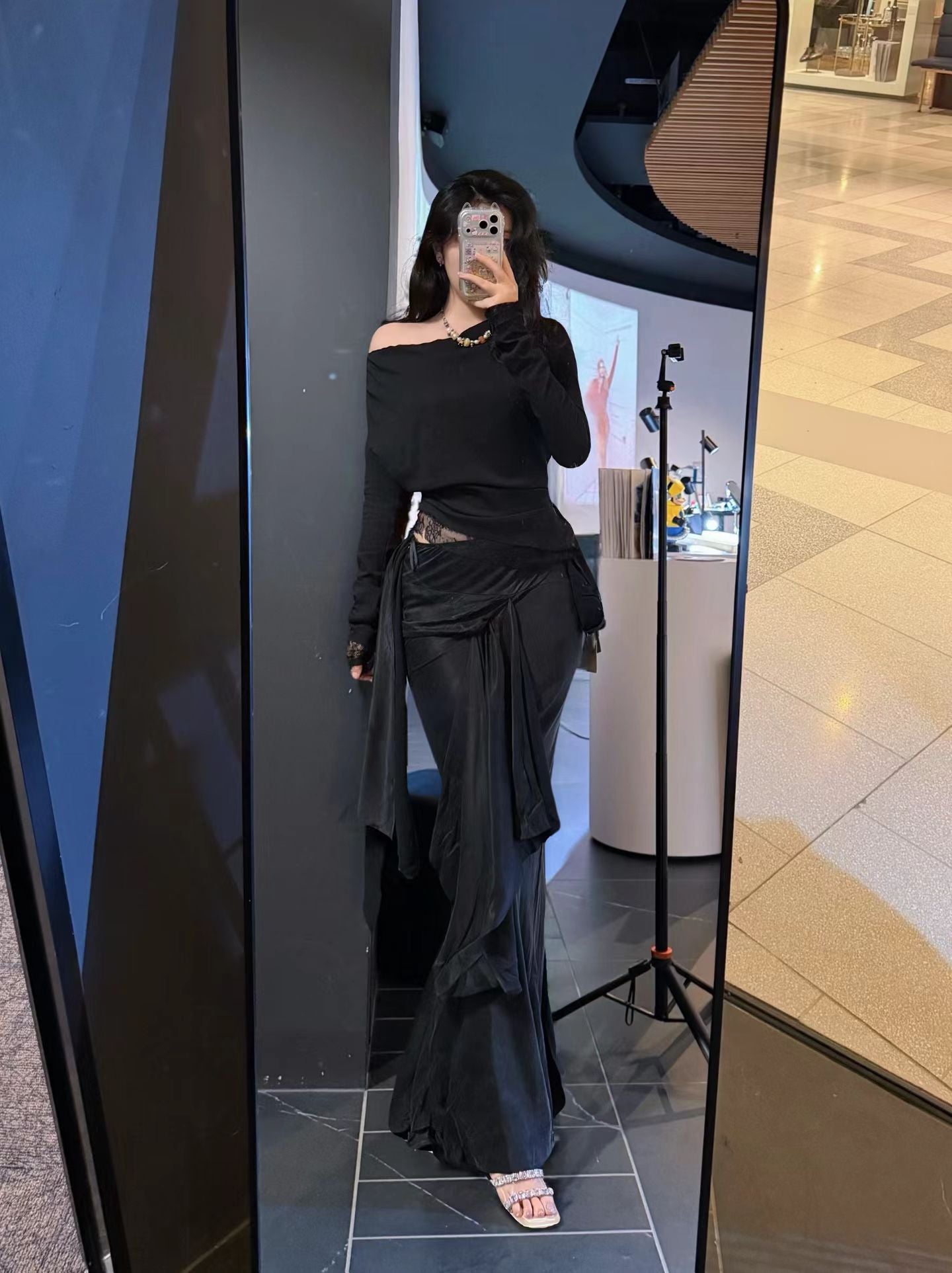 ELYWOOD BLACK DRAPED TIE-UP MERMAID SKIRT