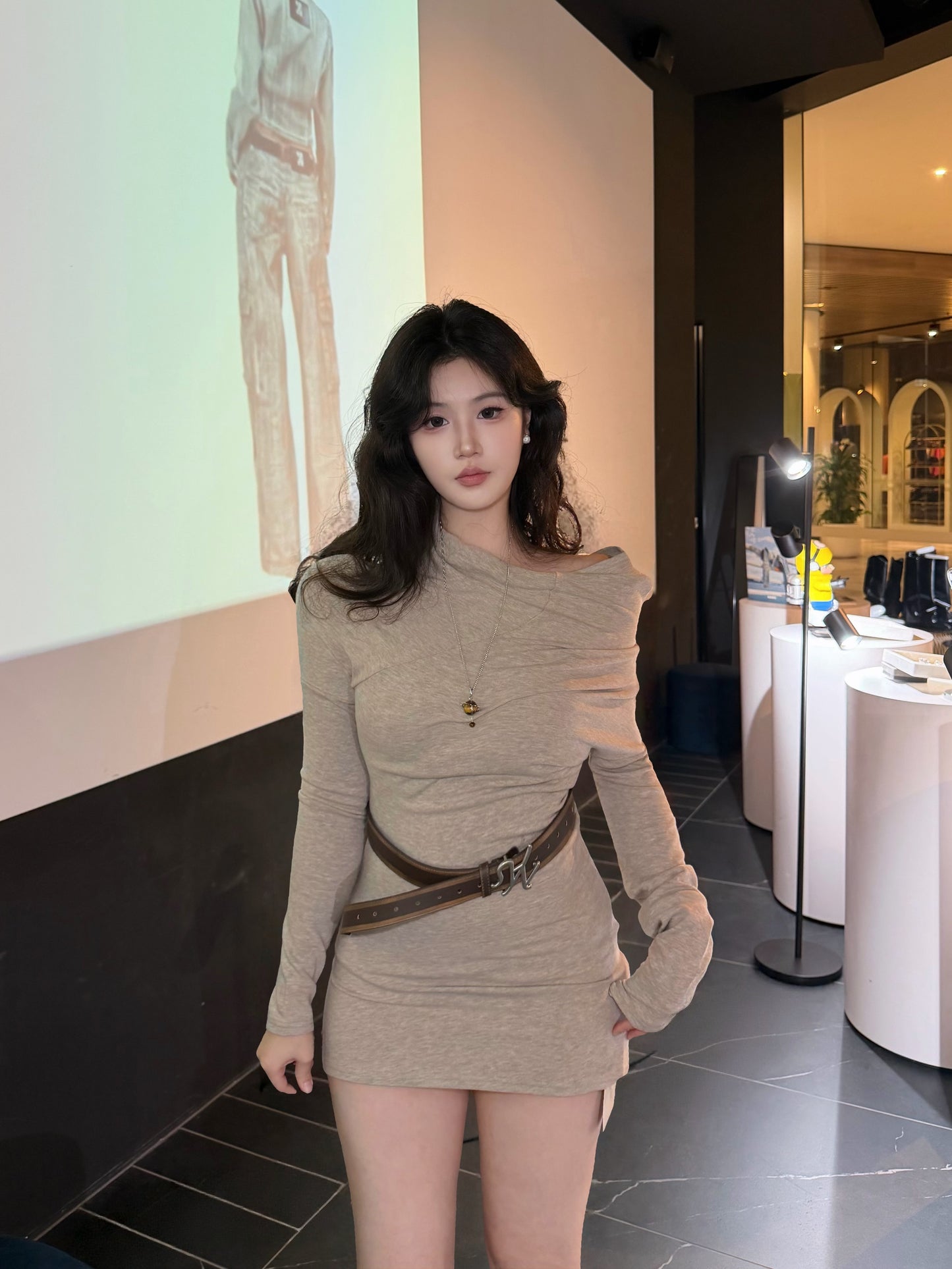 ELYWOOD BEIGE ASYMMETRIC OFF-SHOULDER TOP