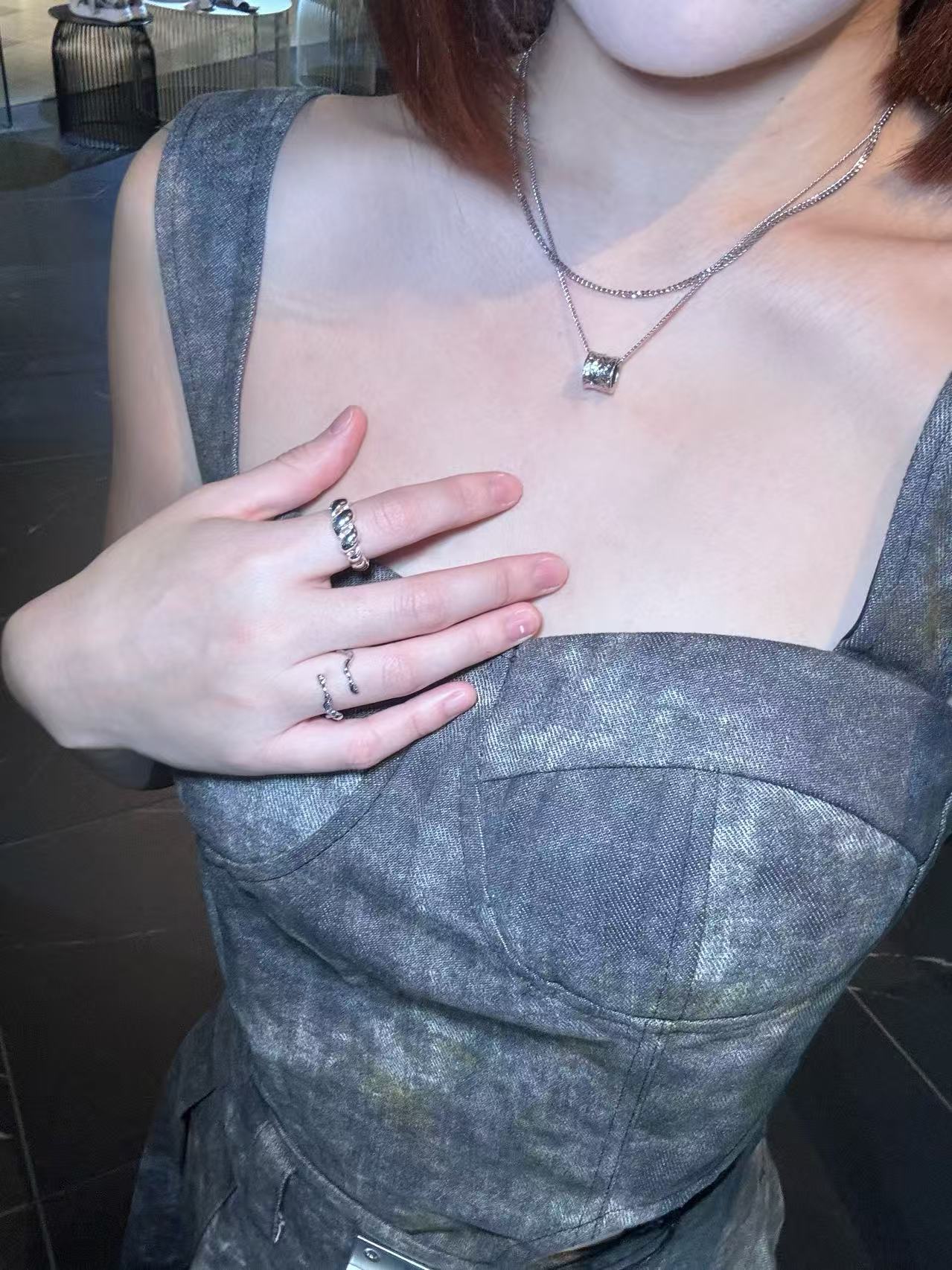 YJ1 DENIM ACID-WASH BUSTIER TOP IN GRAY