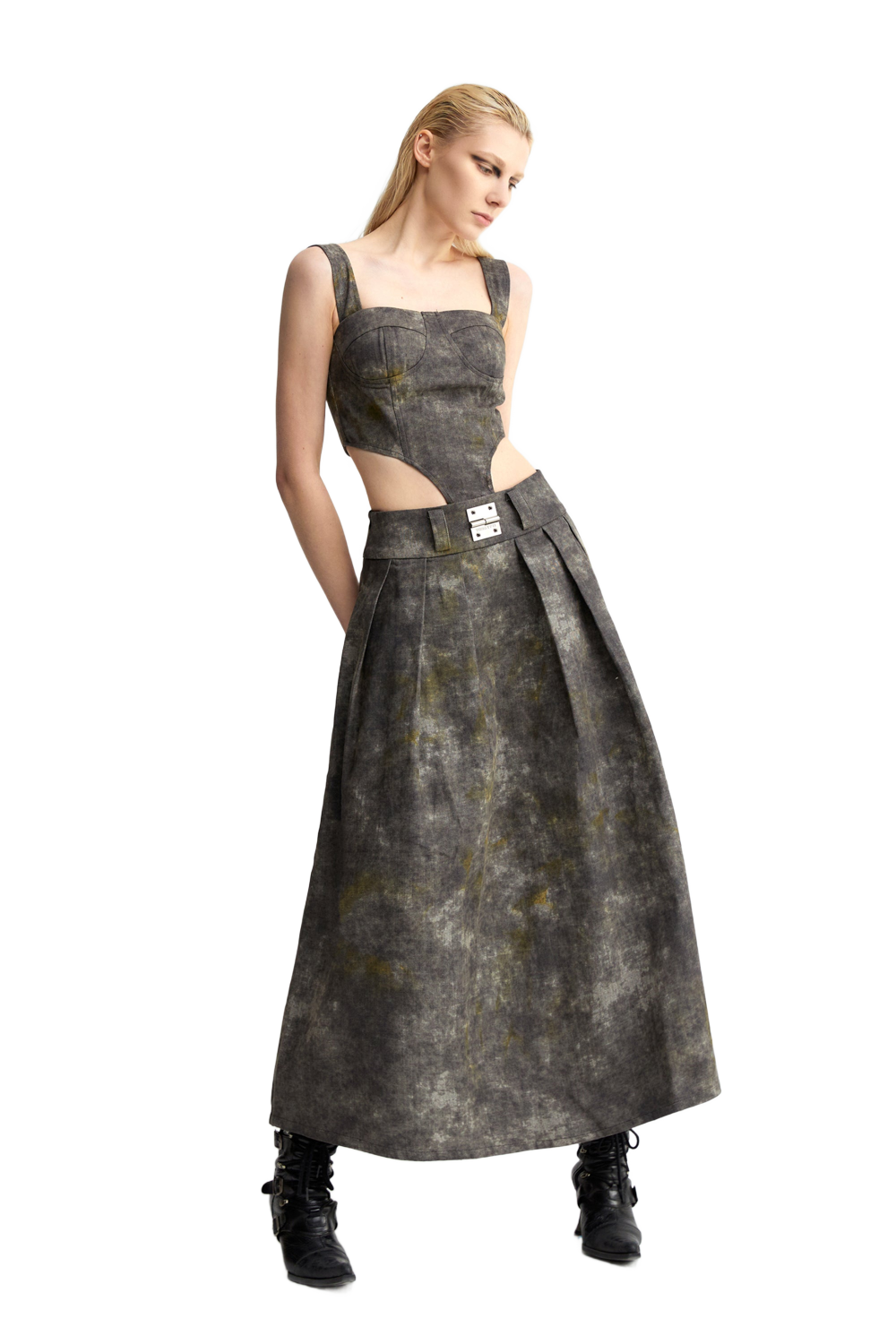 YJ1 DENIM ACID-WASH LONG SKIRT IN GRAY