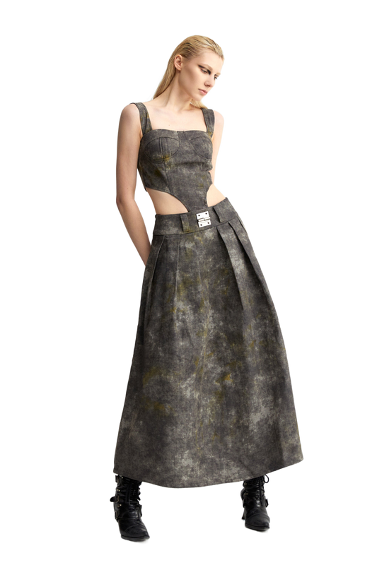 YJ1 DENIM ACID-WASH LONG SKIRT IN GRAY