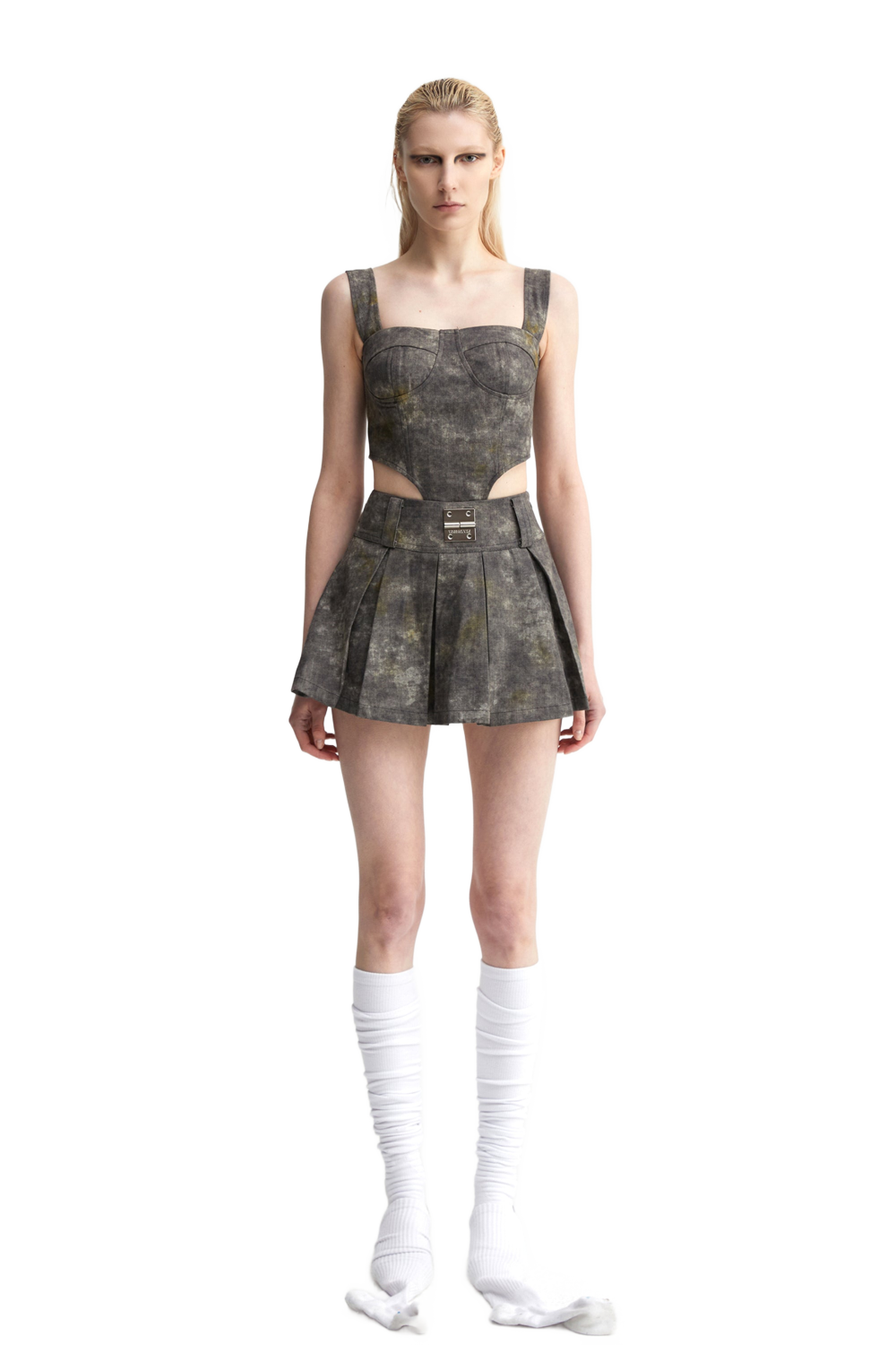 YJ1 DENIM ACID-WASH SKIRT IN GRAY