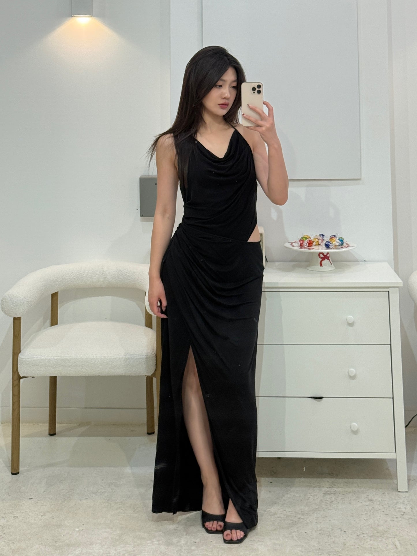 ELYWOOD BLACK CUPRO HALTER KNIT SLIT DRESS