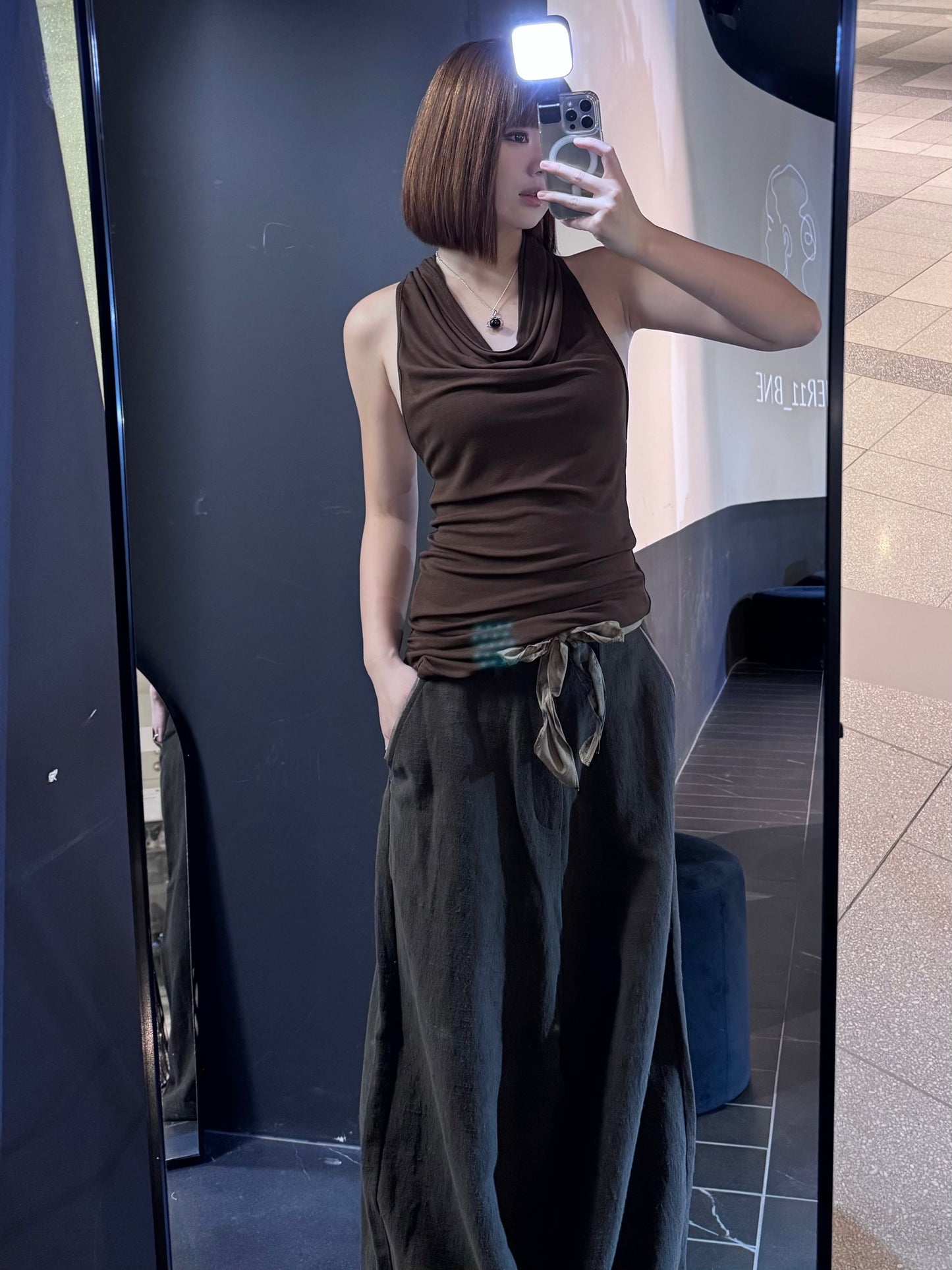 ELYWOOD OLIVE LINEN BELTED WIDE-LEG PANTS