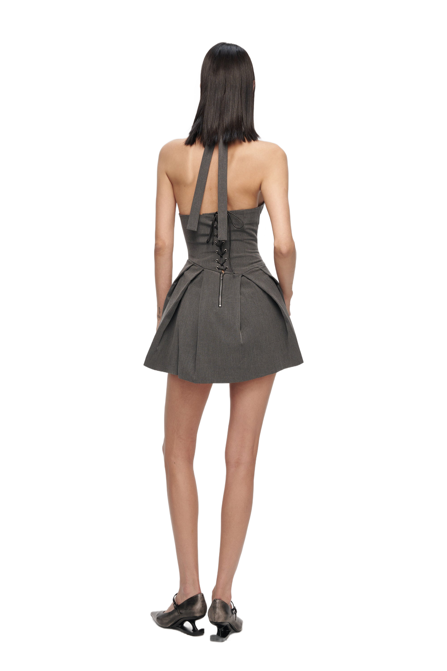 YJ1 GREY HALTER NECK LACE-UP MINI DRESS