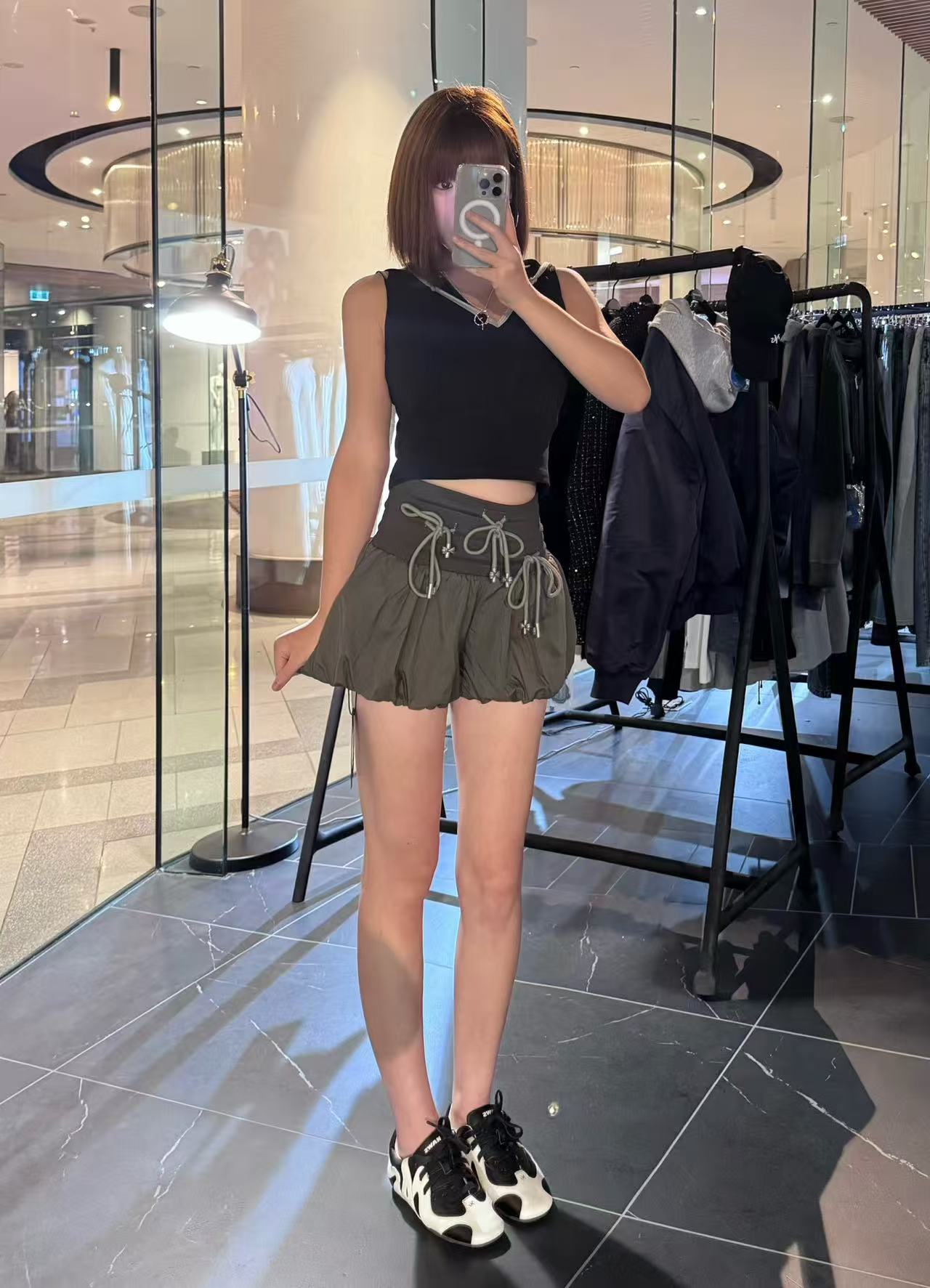 YJ1 HIGH-WAISTED BOW PANTSKIRT IN TAUPE GRAY