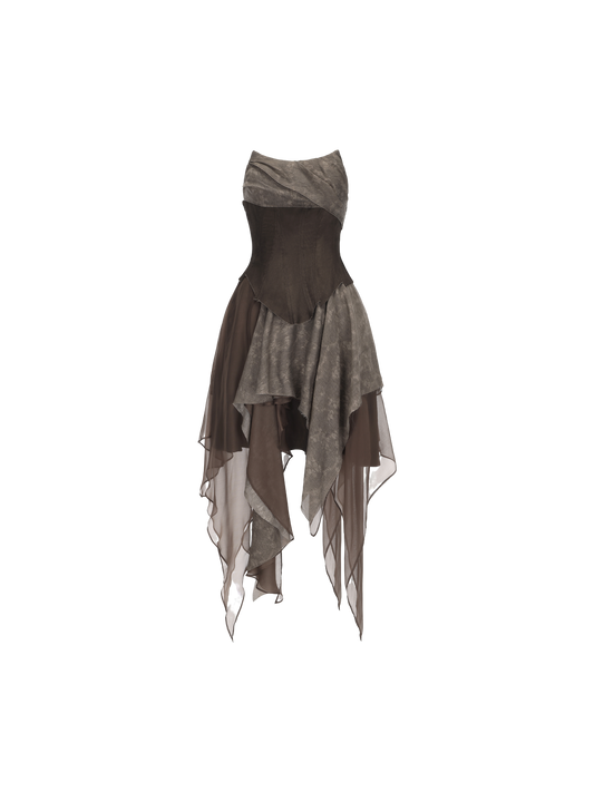 ELYWOOD DARK BROWN JACQUARD PLEATED TUBE DRESS