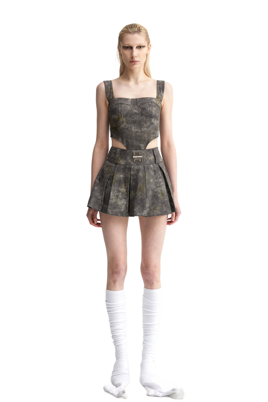 YJ1 DENIM ACID-WASH BUSTIER TOP IN GRAY
