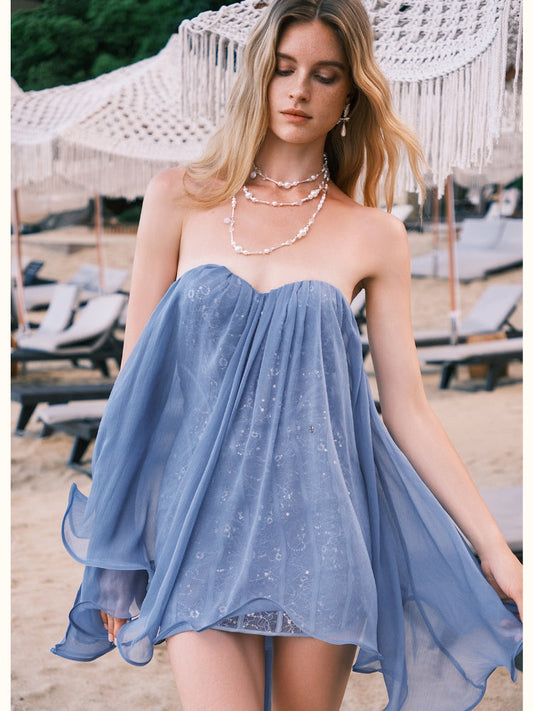 Sheer Luck Thiri Chiffon Tube Top Dress in Blue