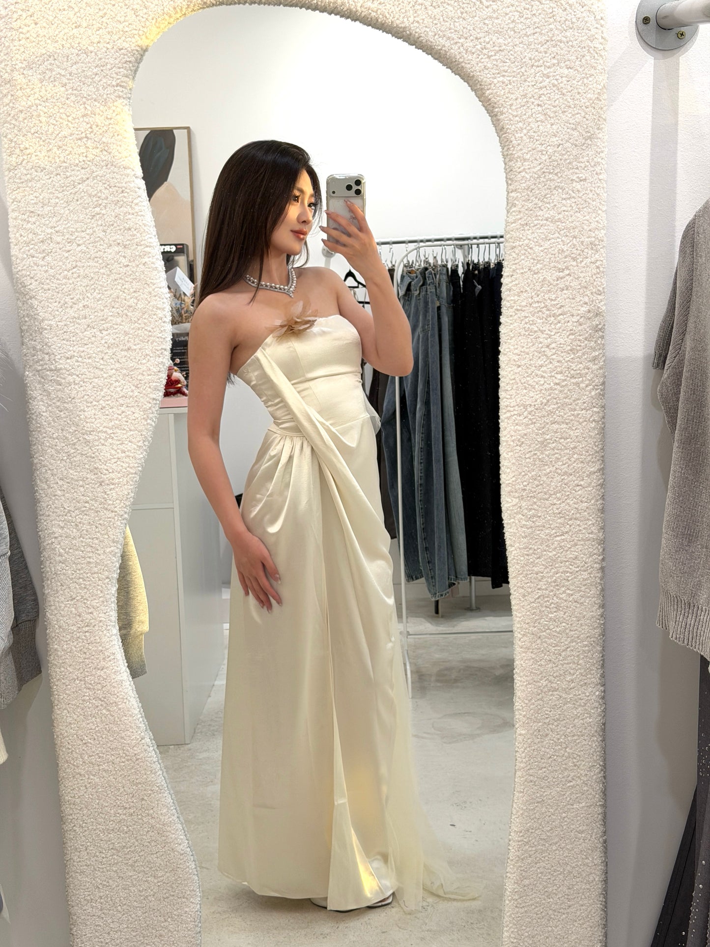 Crow Crew Satin Strapless Ribbon Maxi Dress