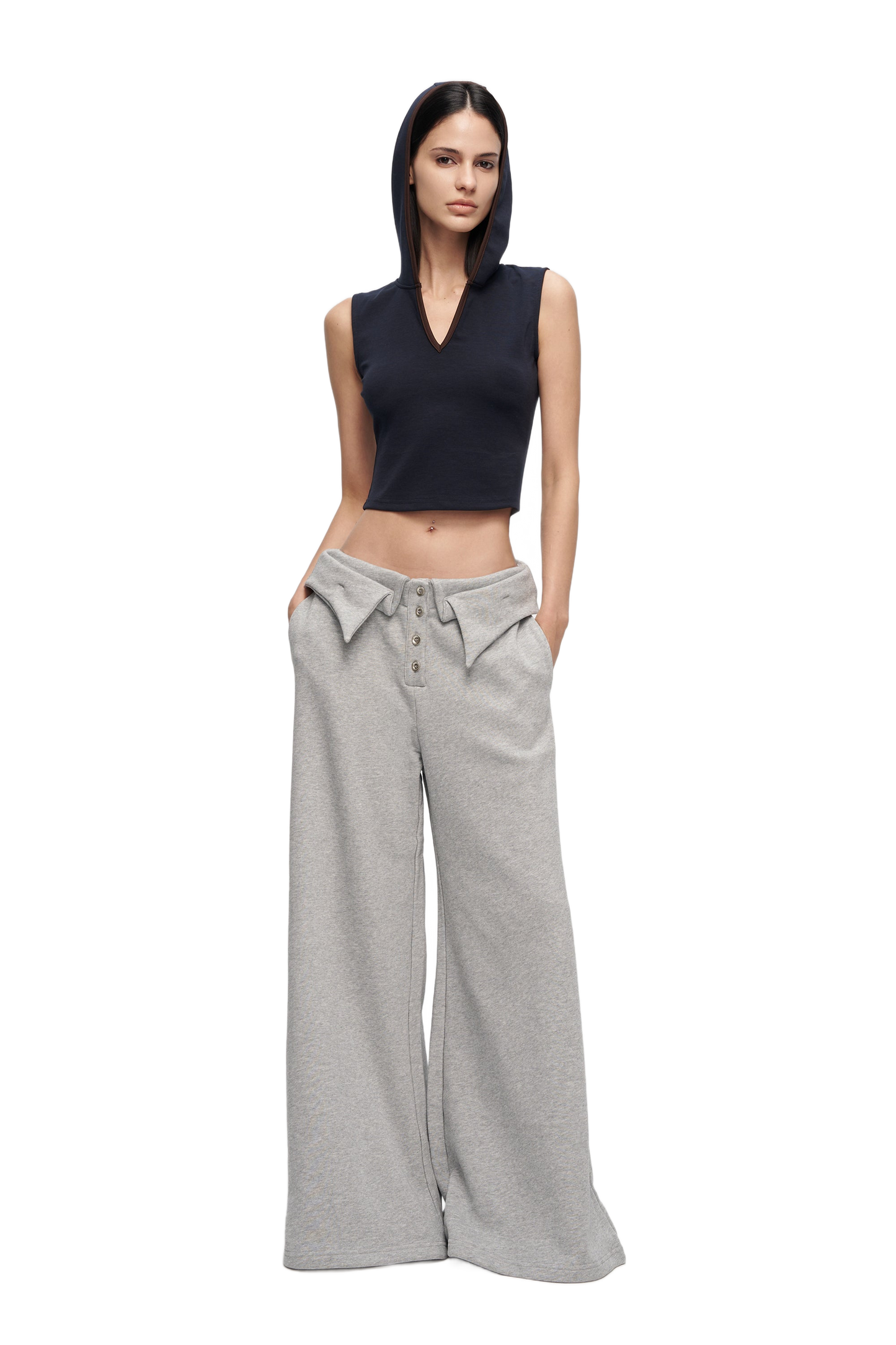YJ1 DOUBLE-LAYER COLLAR WIDE-LEG PANTS IN GRAY