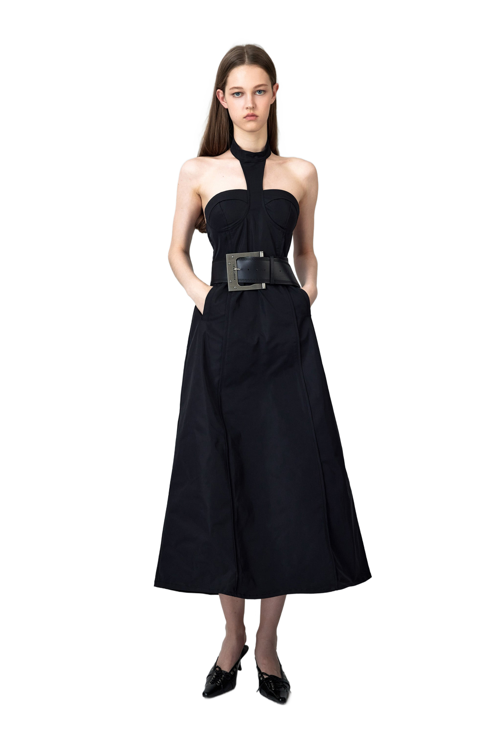 YJ1 NYLON HALTER MIDI DRESS