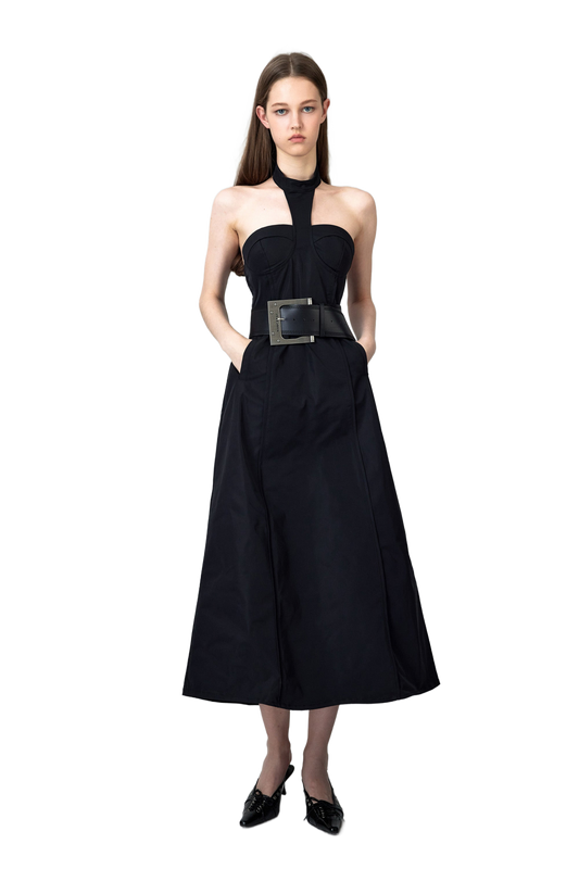 YJ1 NYLON HALTER MIDI DRESS
