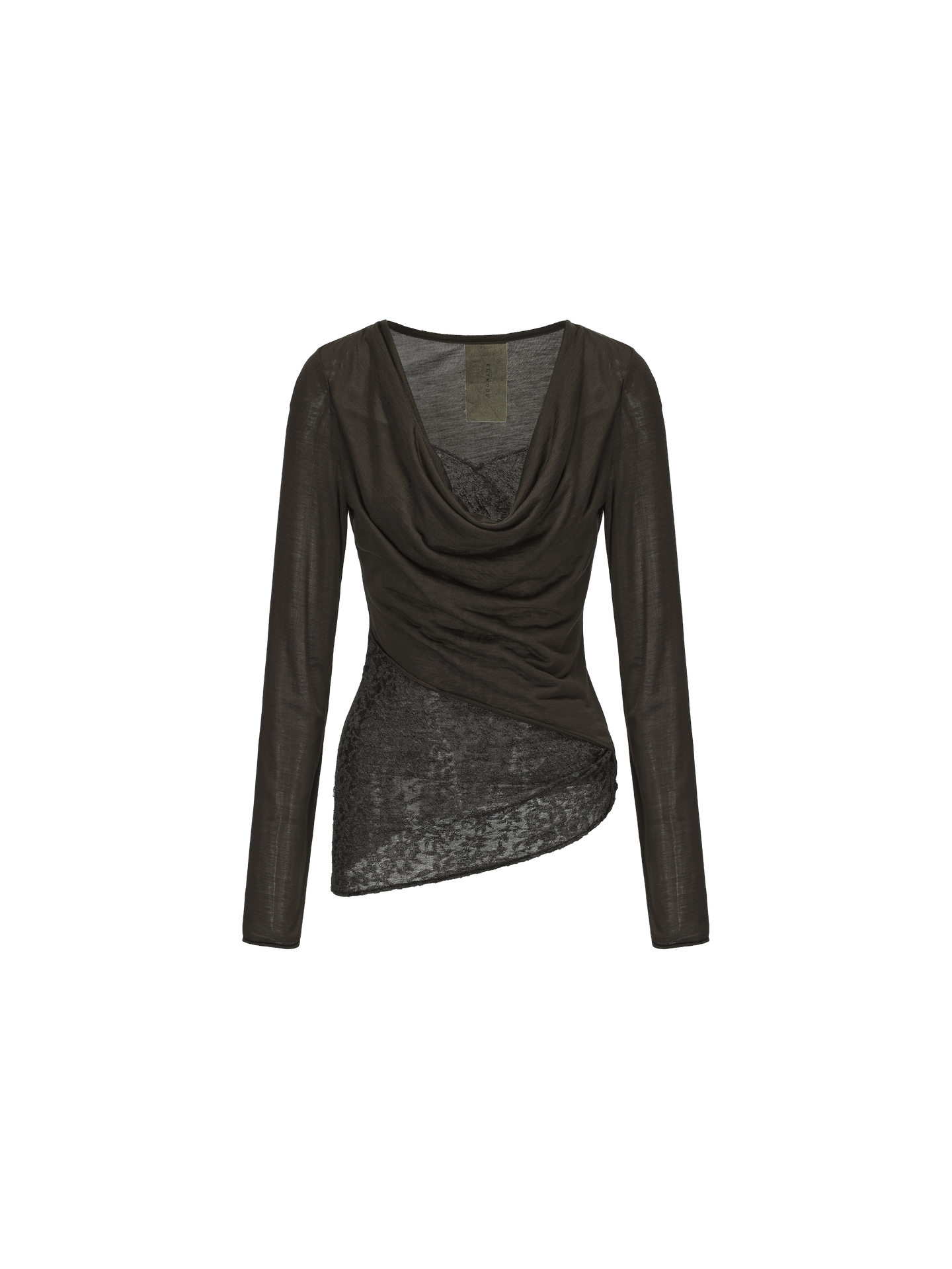 ELYWOOD DARK BROWN KNIT LACE DRAPED NECK TOP