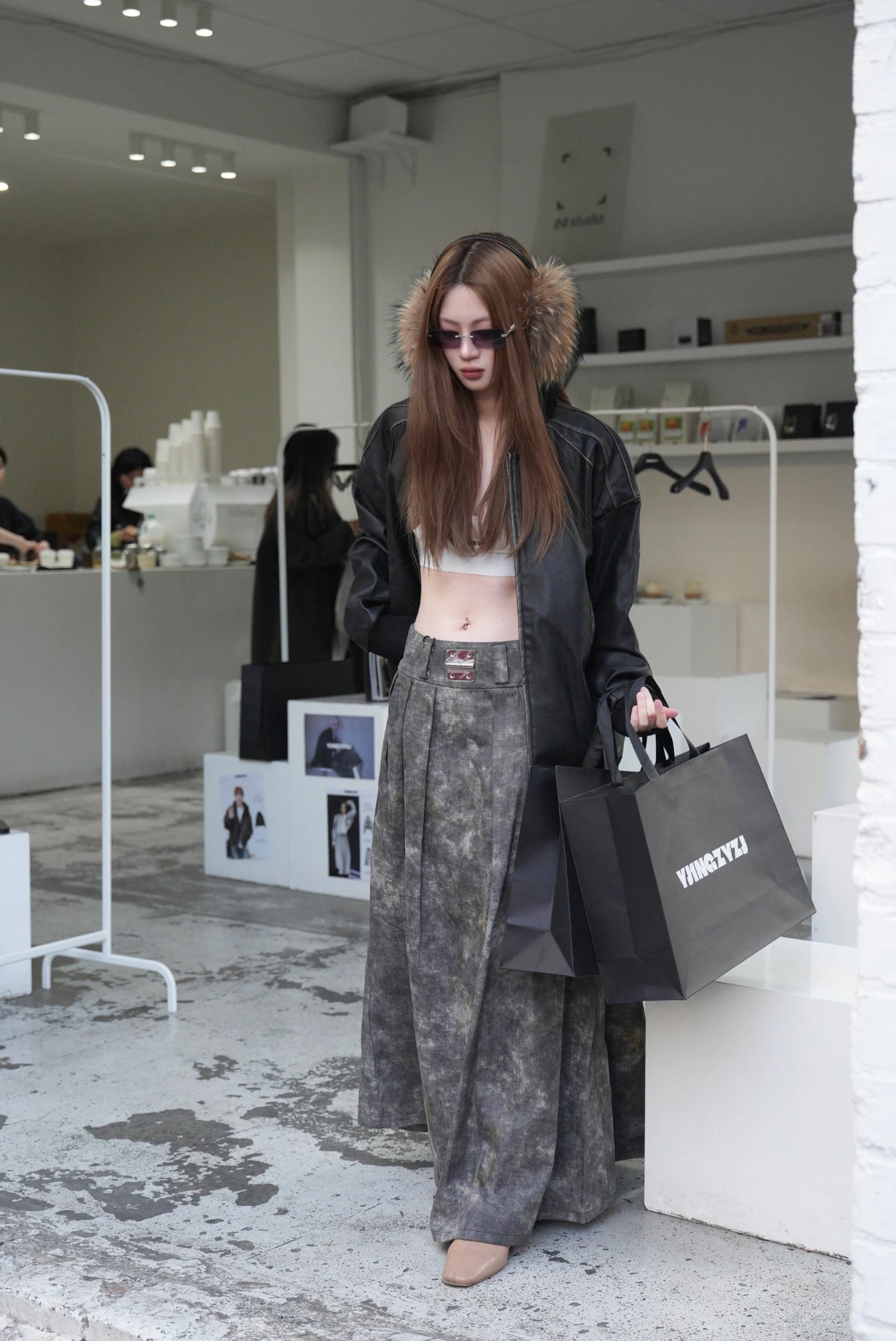 YJ1 DENIM ACID-WASH LONG SKIRT IN GRAY
