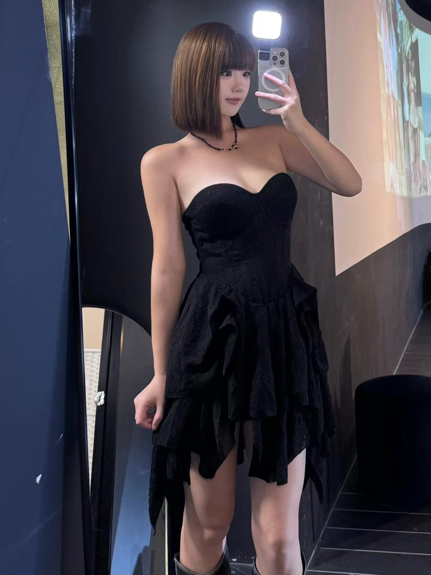 Crow Crew Black Jacquard Corset lace back dress