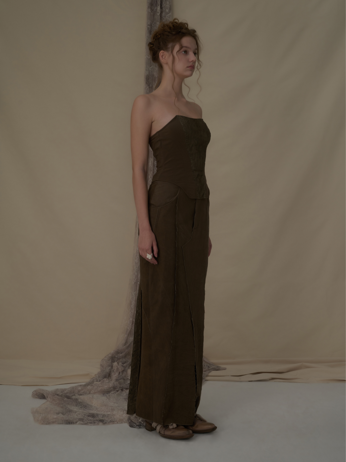 Elywood BROWN BLENDED PATCHWORK STRAIGHT MID-LENGTH SKIRT