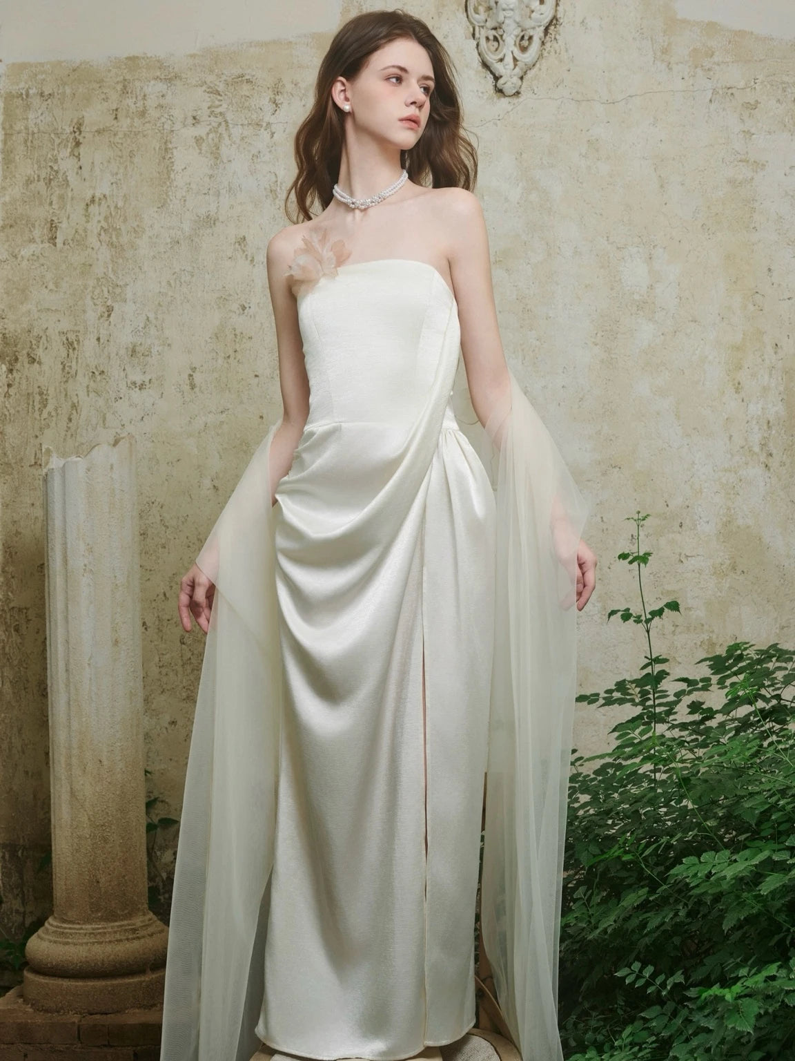 Crow Crew Satin Strapless Ribbon Maxi Dress