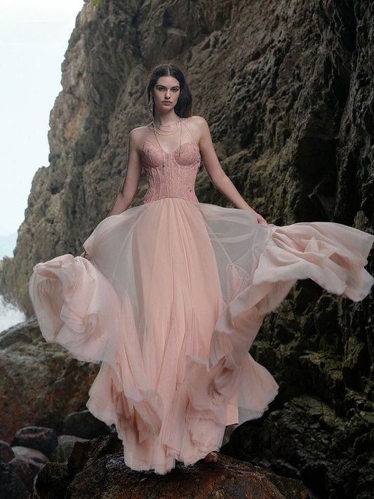 Sheer Luck Heavy Lace Corset Mesh Maxi Dress-pink