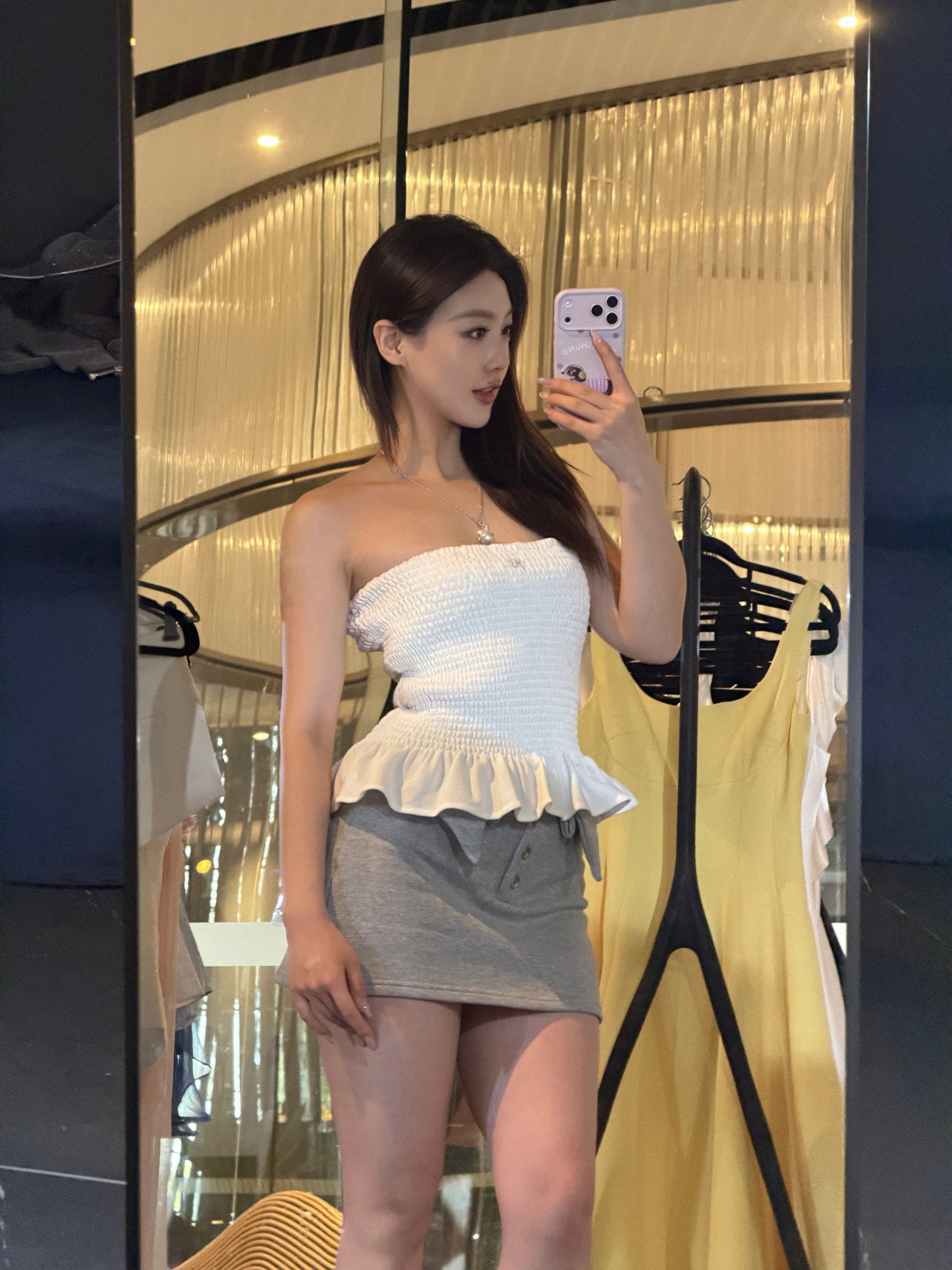 YJ1 FOLD-OVER WAIST BUTTON MINI SKIRT IN GRAY