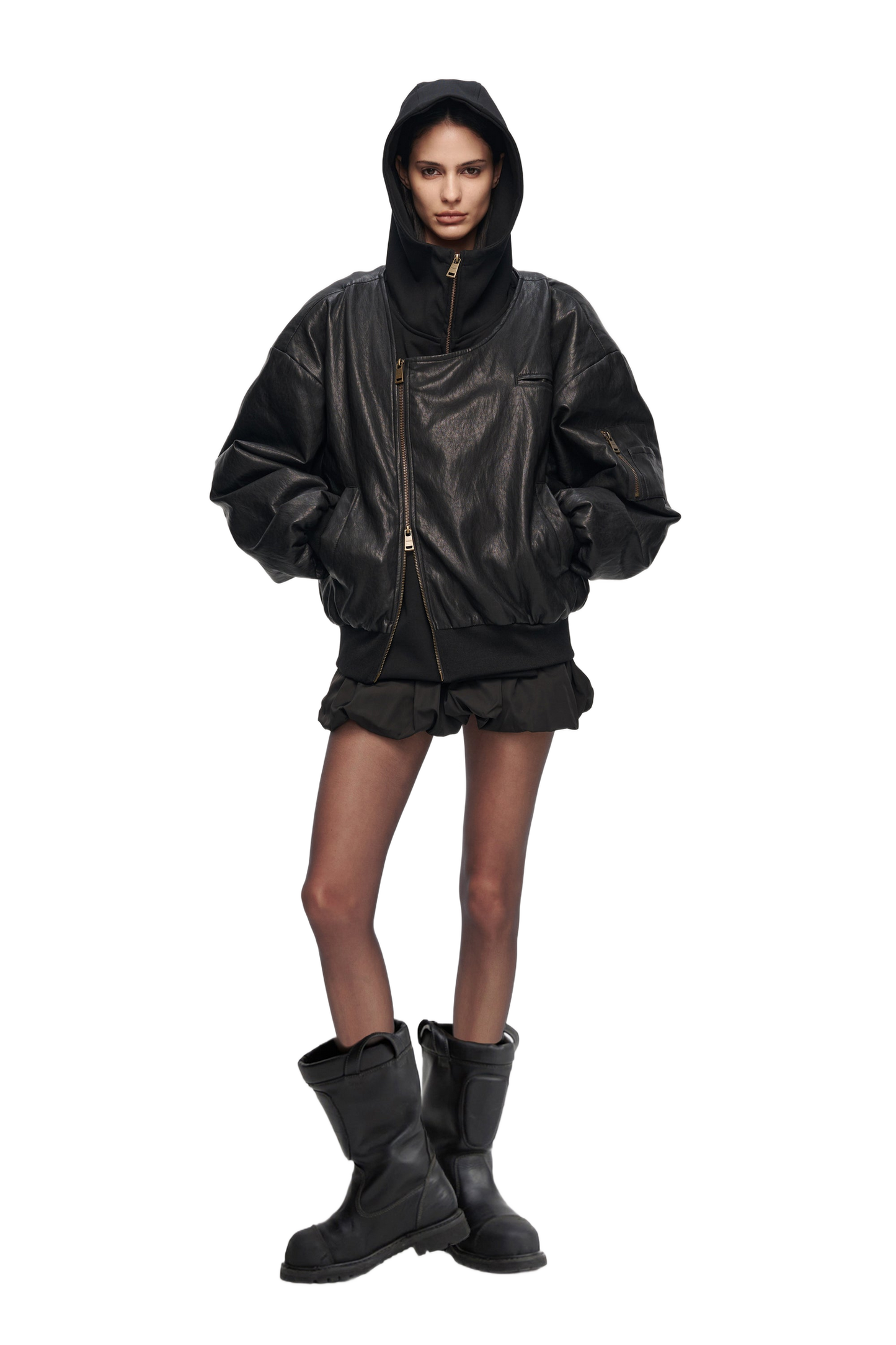 YJ1 OVERSIZED LEATHER BOMBER JACKET IN BLACK
