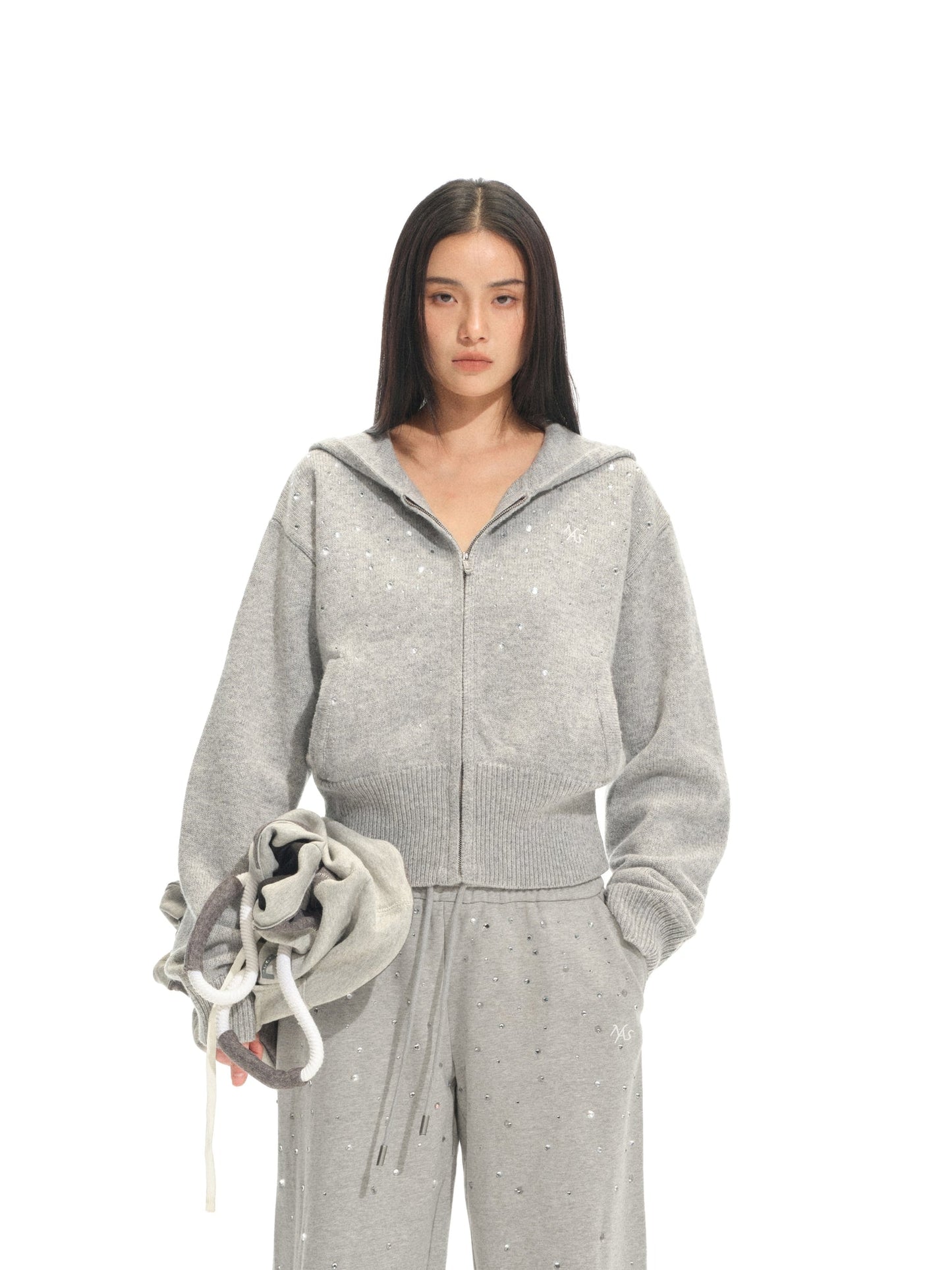 NAWS MIST GRAY GLITTER HOODED KNITWEAR