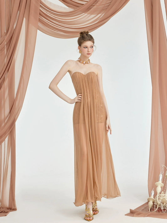 Sheer Luck Thea Strapless Mesh Backless Dress Brown