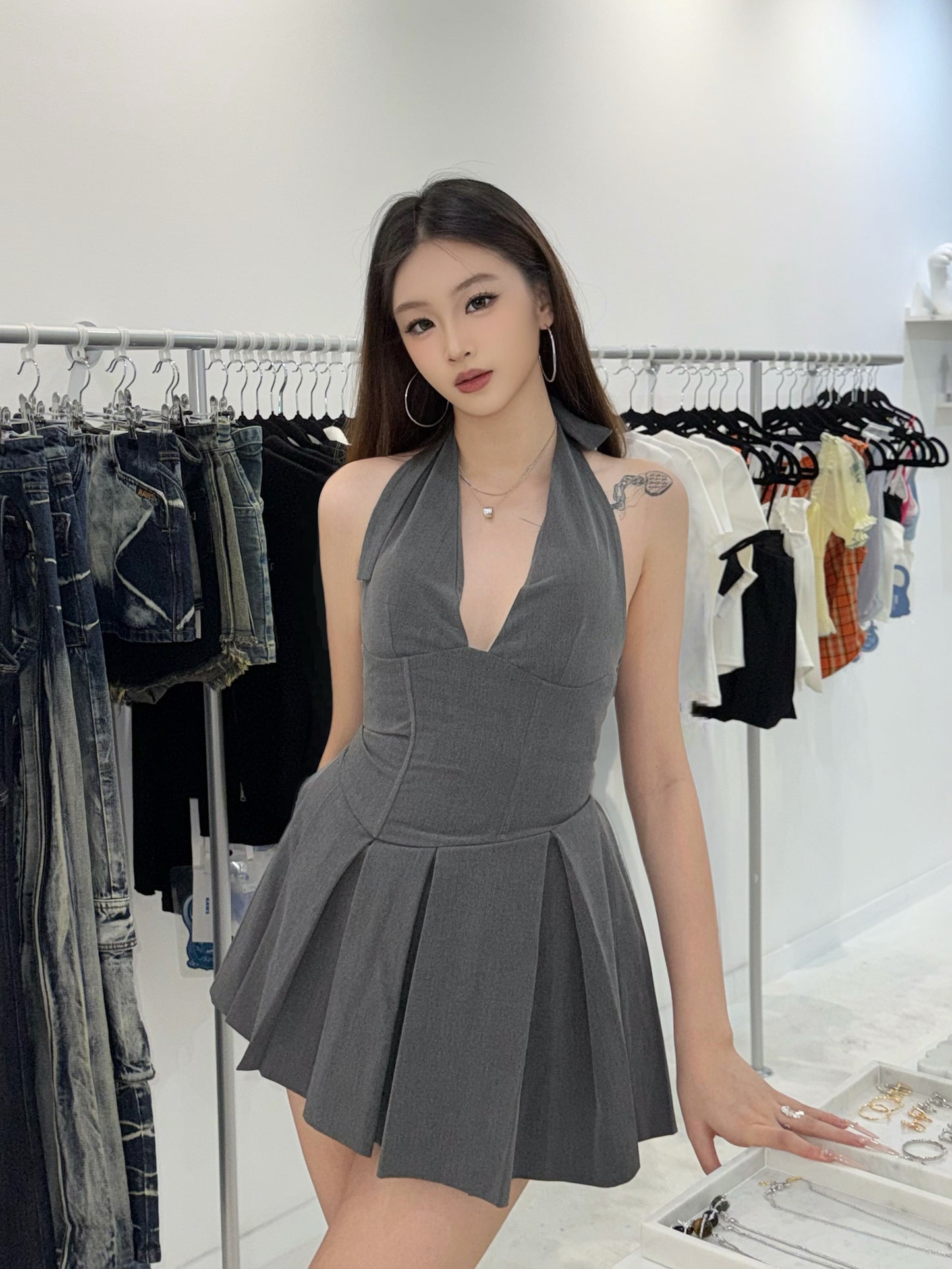 YJ1 GREY HALTER NECK LACE-UP MINI DRESS