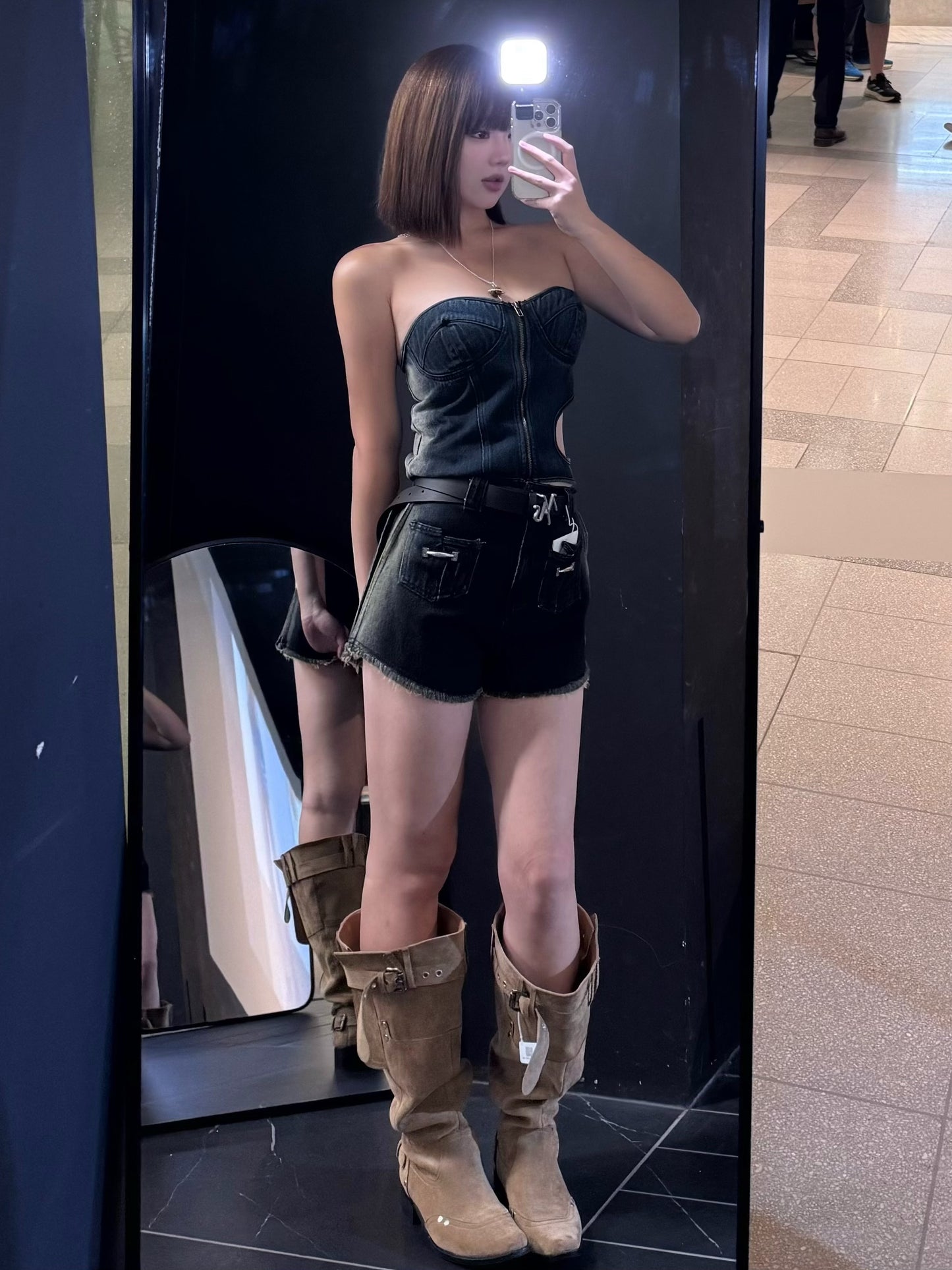 YJ1 CUT-OUT DENIM TUBE TOP