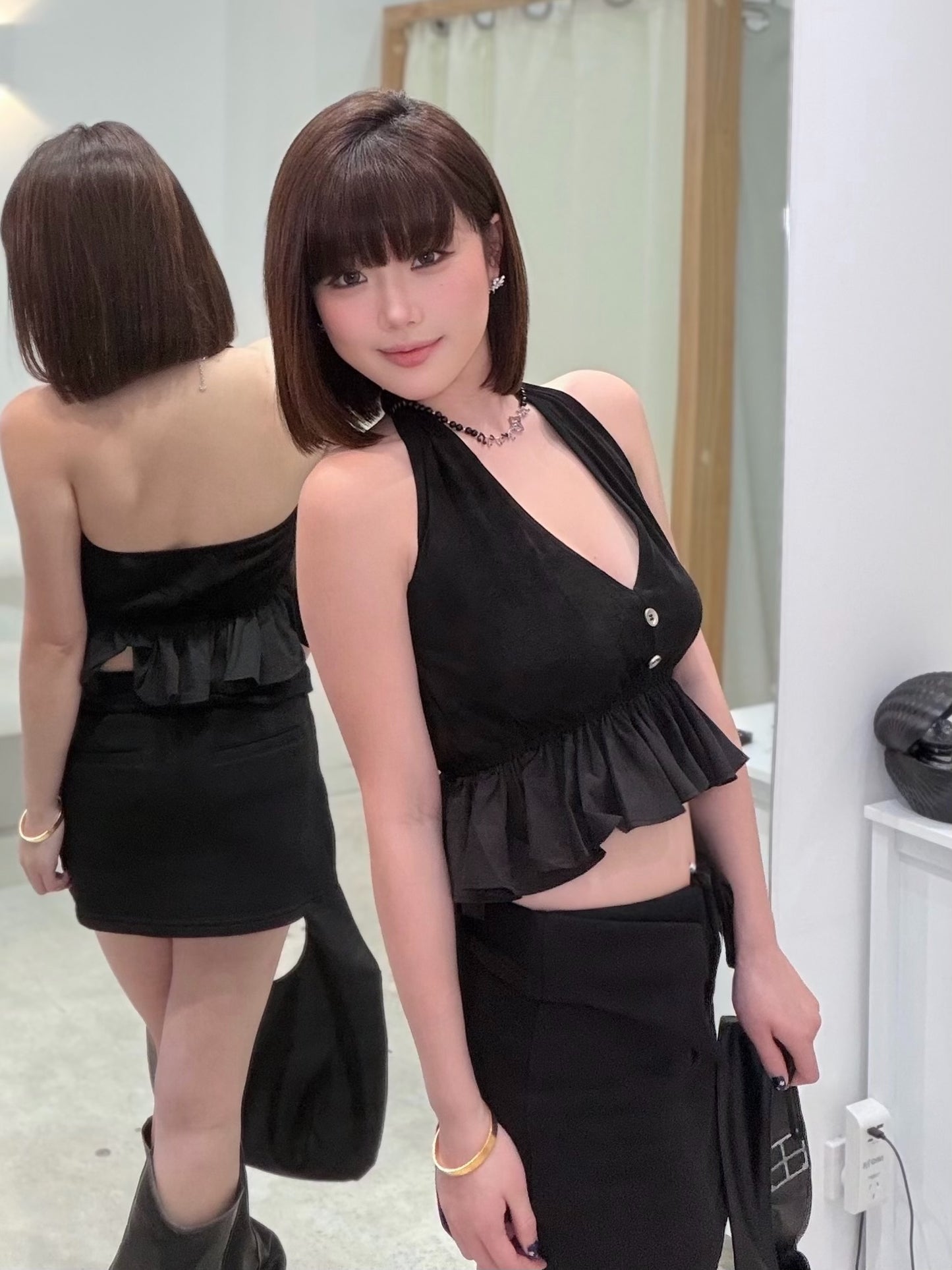 YJ1 FOLD-OVER WAIST BUTTON MINI SKIRT IN BLACK