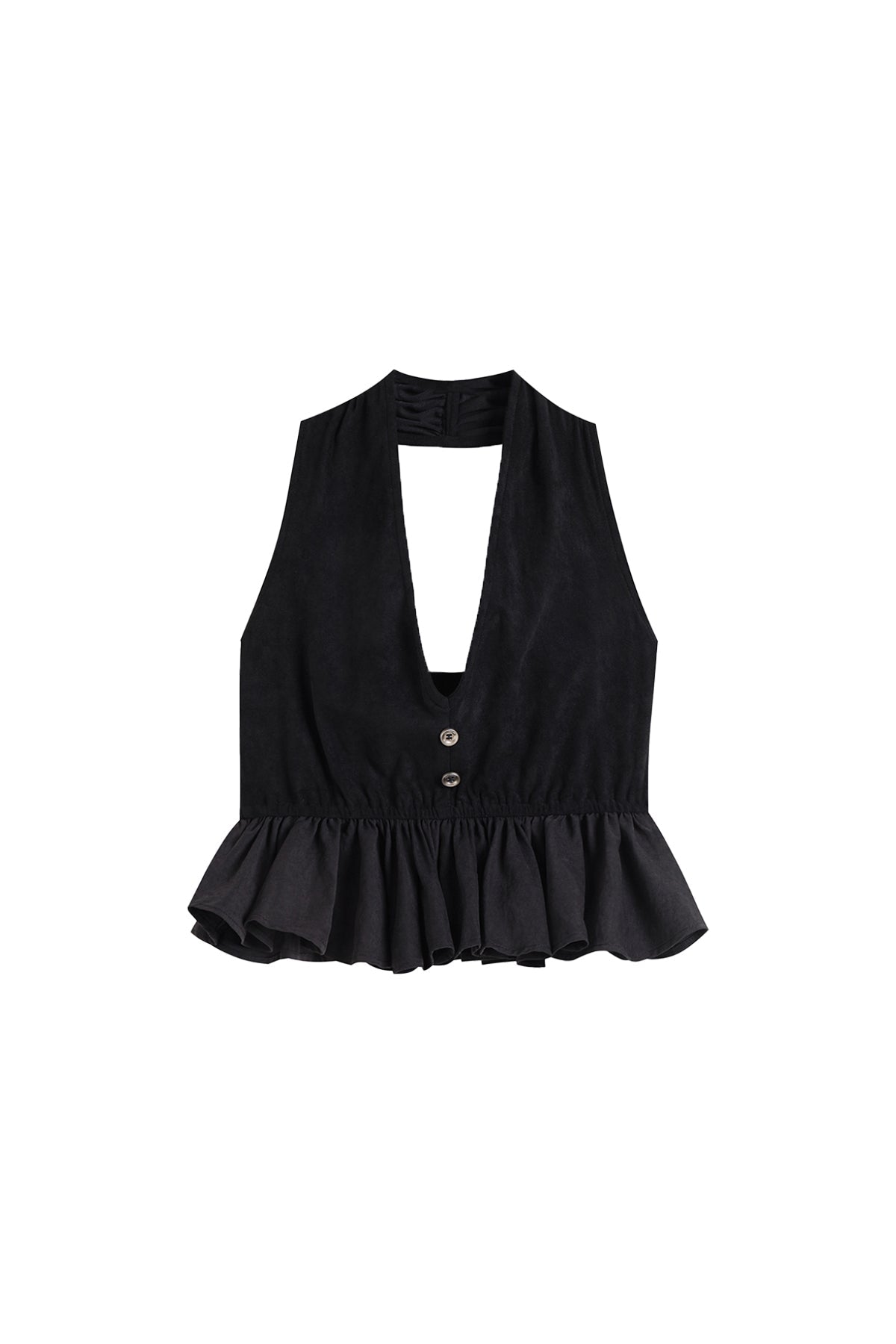YJ1 HALTER RUFFLE HEM DEEP V CROP TOP