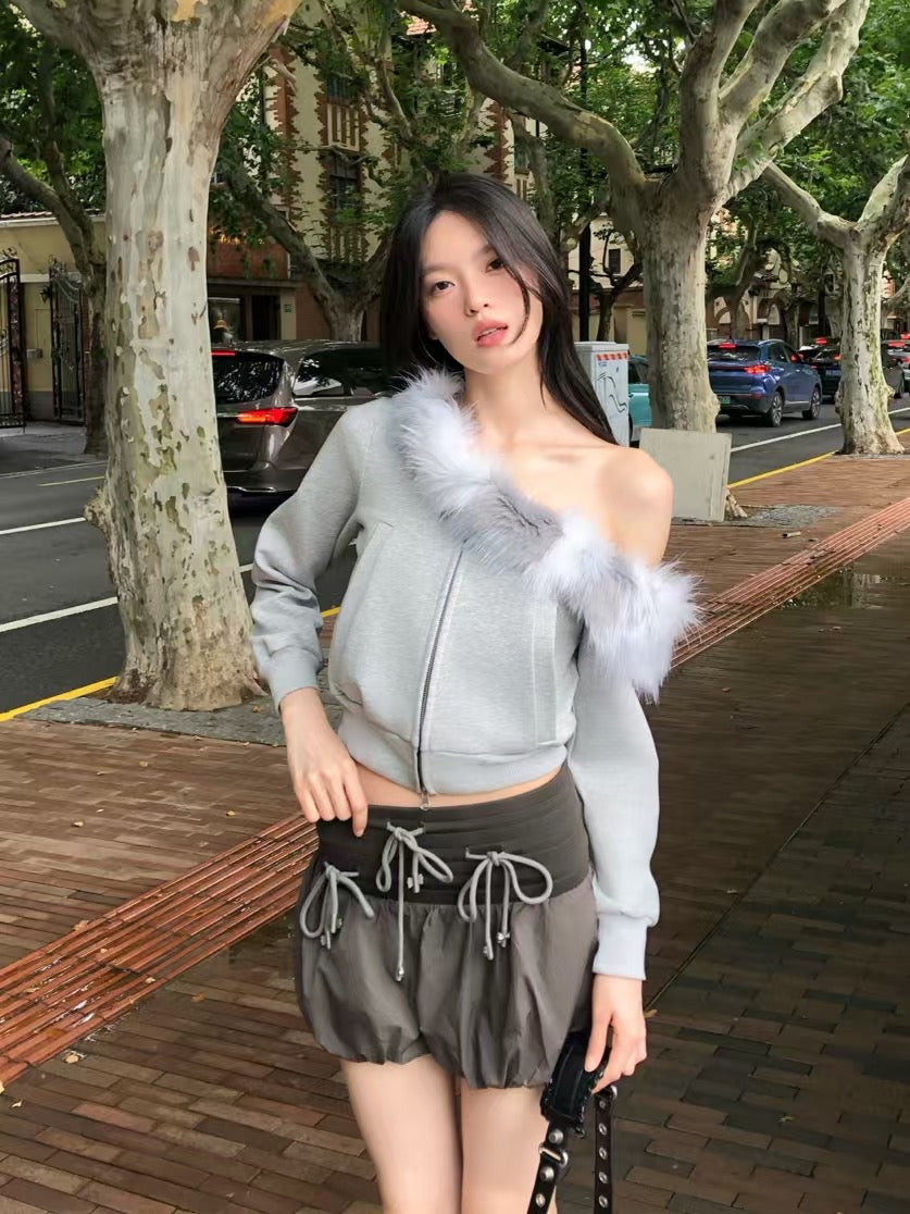 YJ1 ONE SHOULDER FAUX FUR CAPLESS JACKET IN GRAY