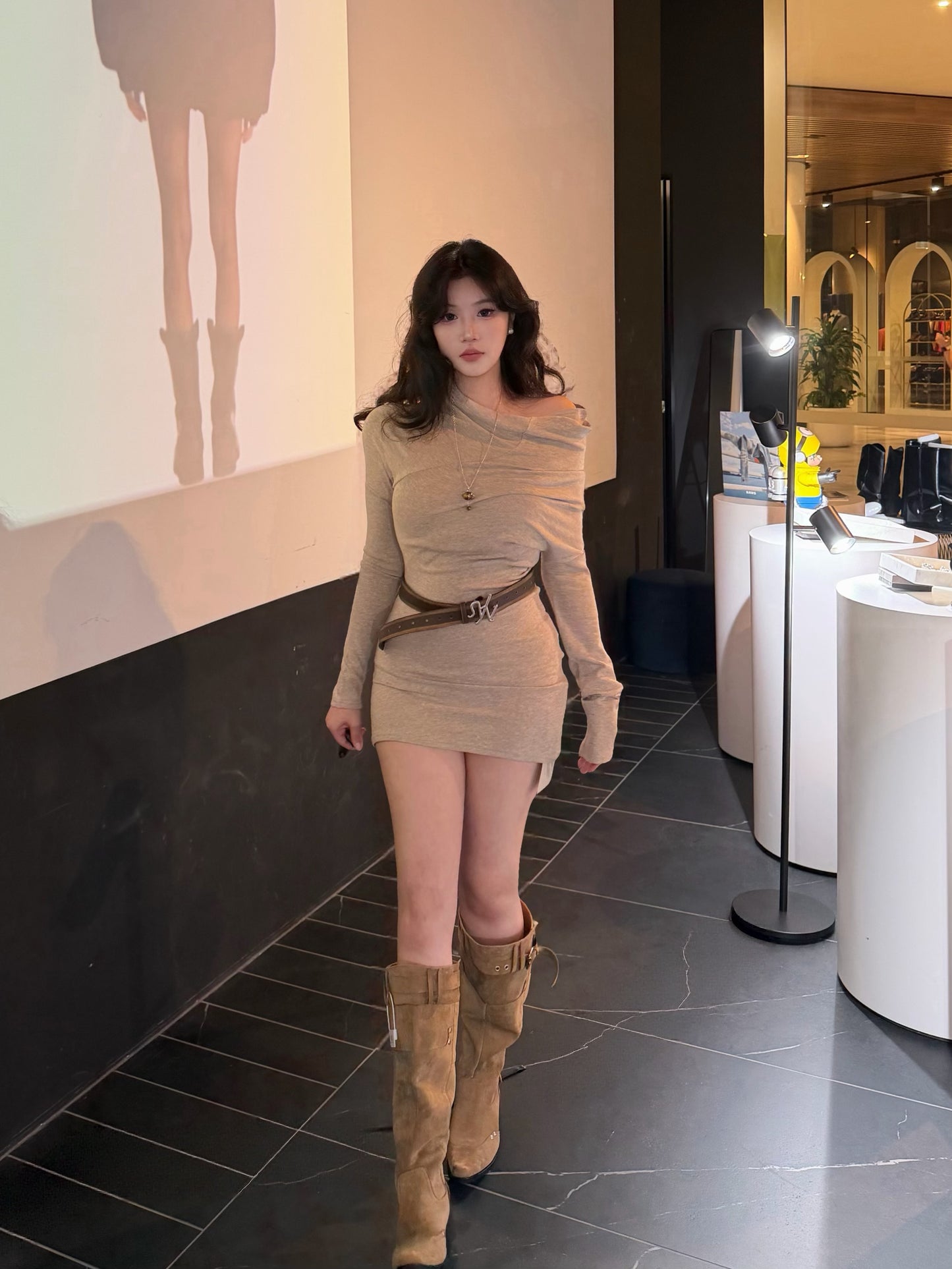 ELYWOOD BEIGE ASYMMETRIC OFF-SHOULDER TOP