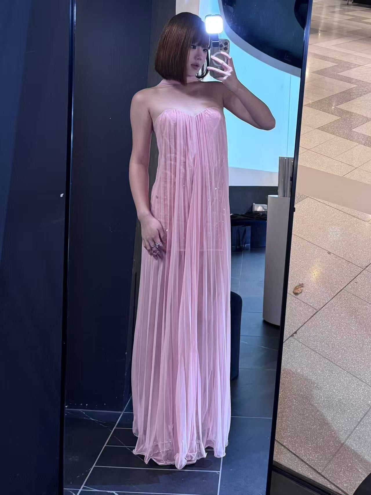 Sheer Luck Thea Strapless Mesh Backless Dress Pink