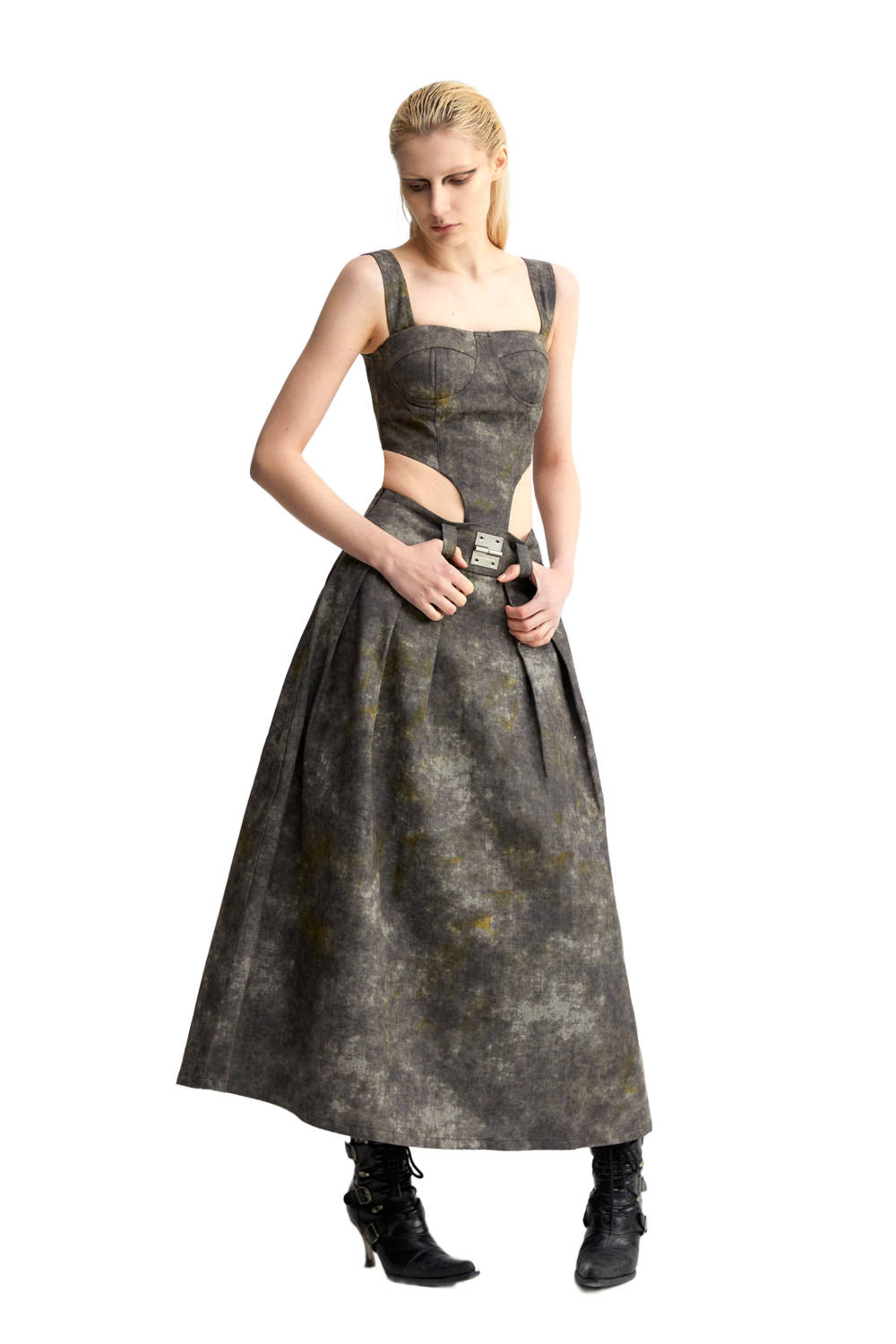 YJ1 DENIM ACID-WASH LONG SKIRT IN GRAY
