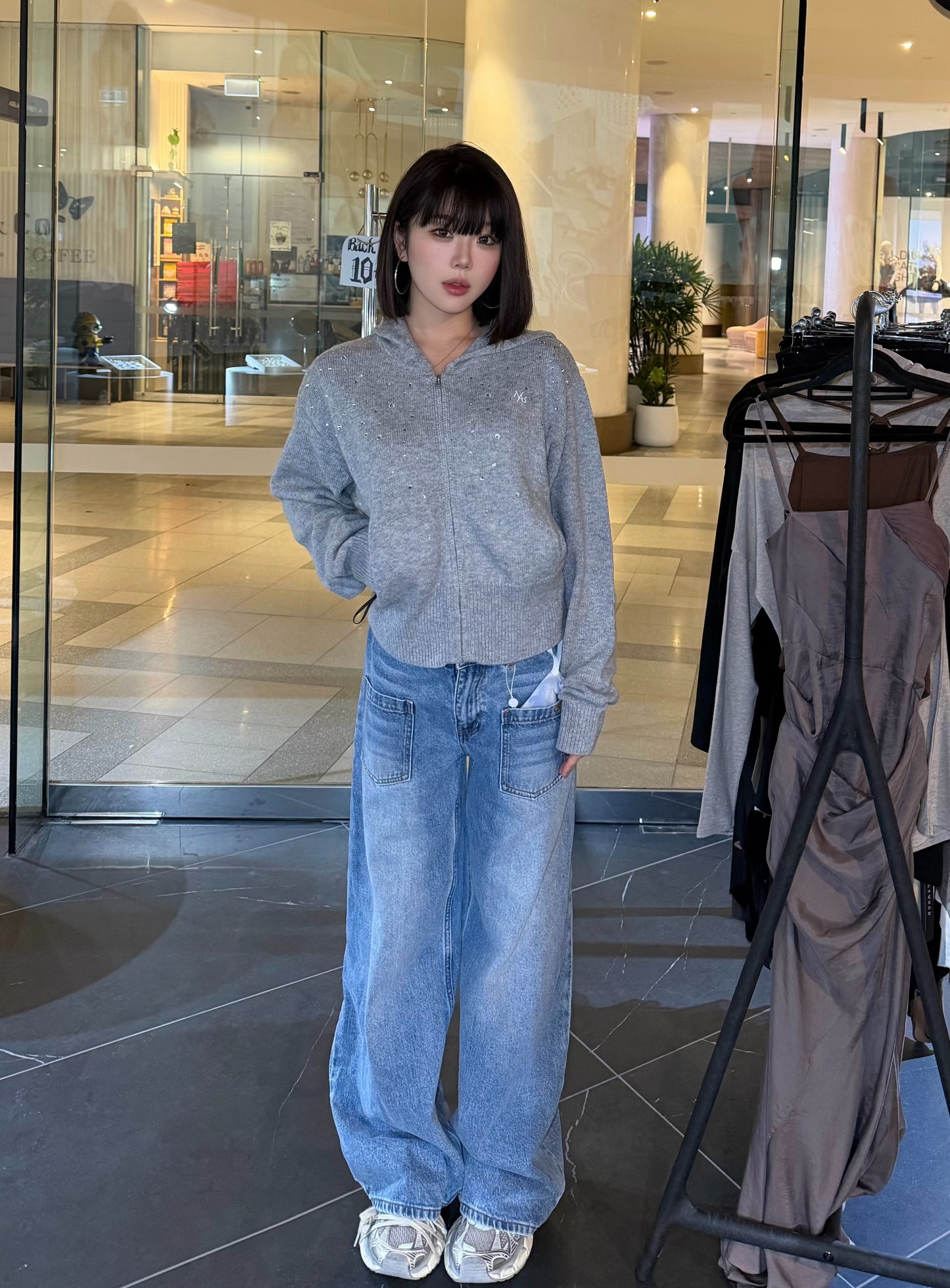 NAWS MIST GRAY GLITTER HOODED KNITWEAR