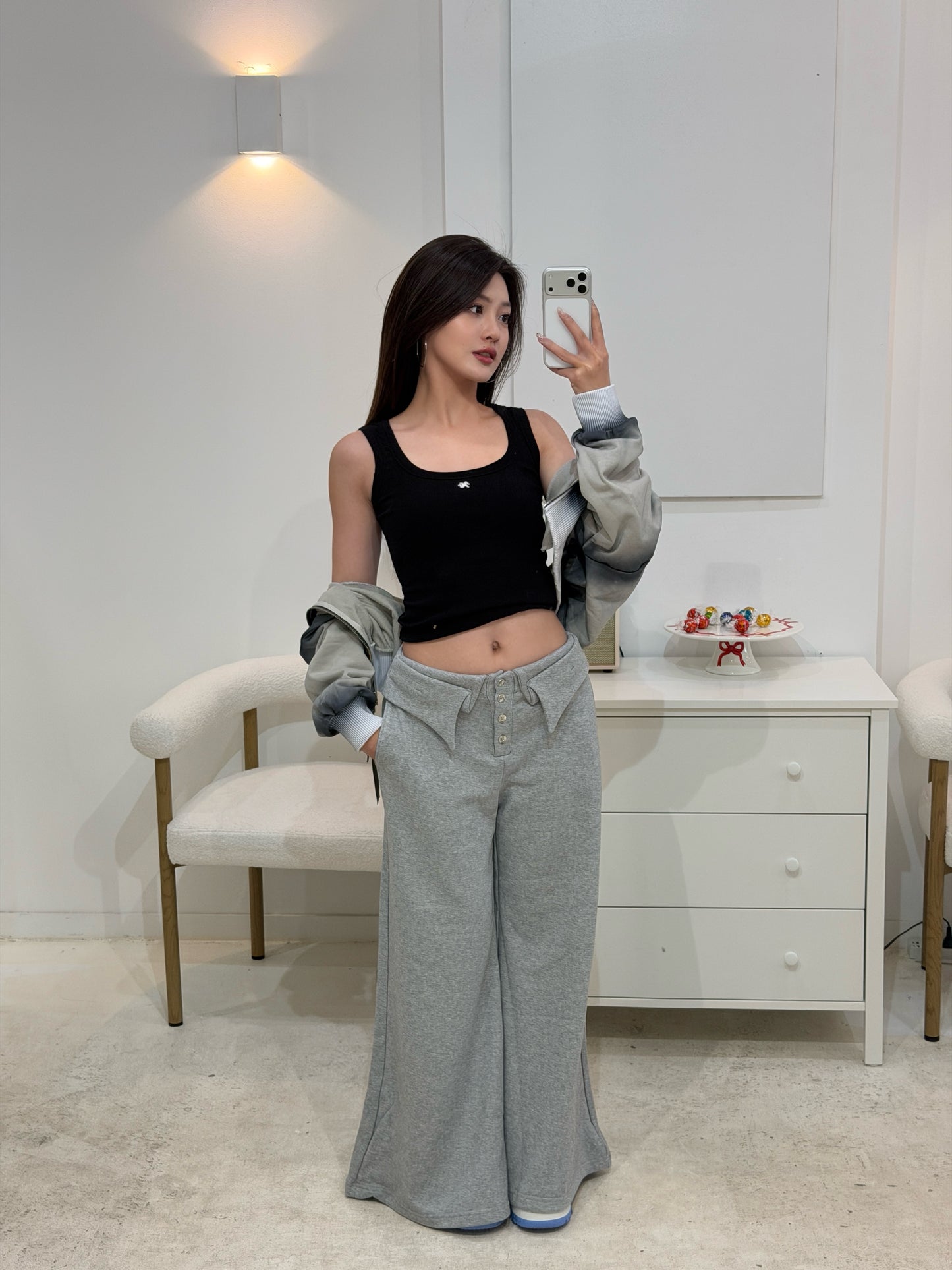 YJ1 DOUBLE-LAYER COLLAR WIDE-LEG PANTS IN GRAY